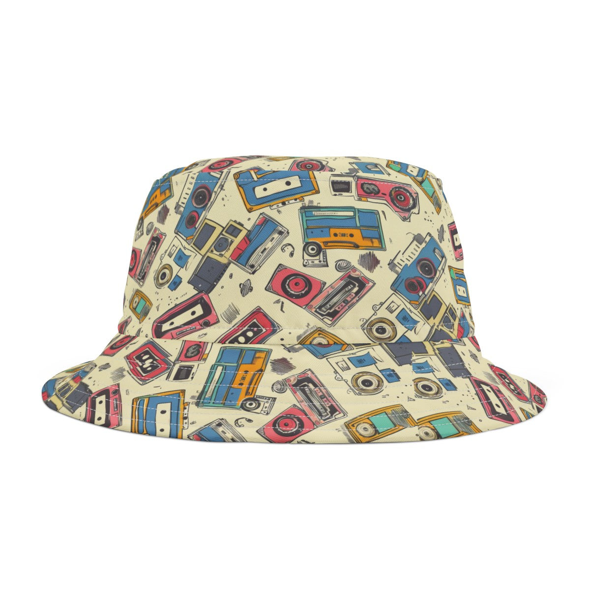 Retro Music Casettes Patterned Bucket Hat Unisex Casettte Pattern Hat Gift for Casette Lovers Gift for Music Lovers Cream Hat