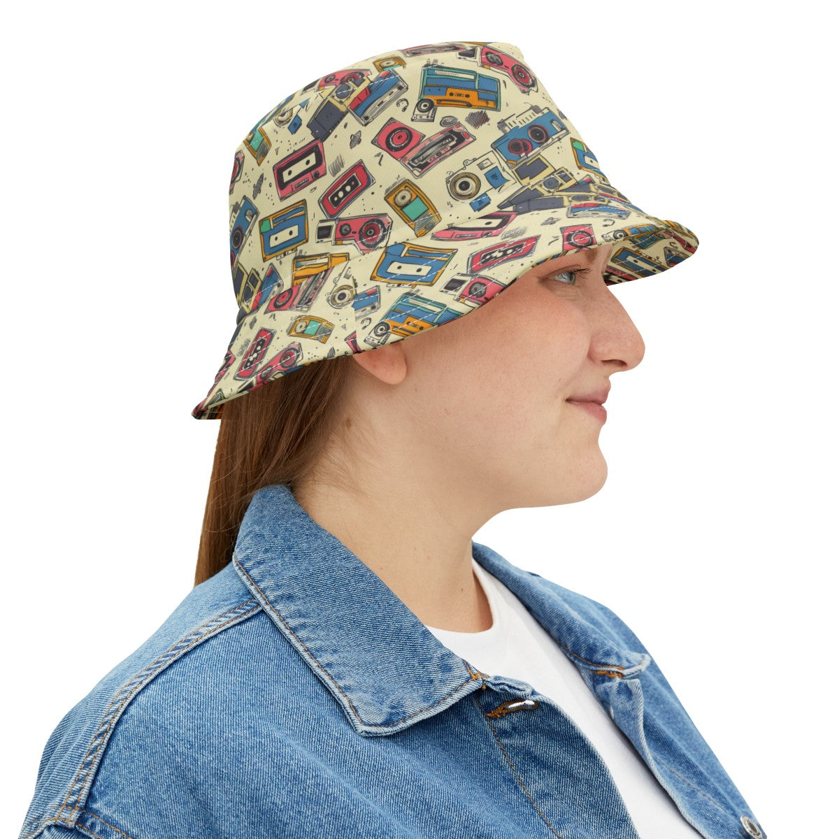 Retro Music Casettes Patterned Bucket Hat Unisex Casettte Pattern Hat Gift for Casette Lovers Gift for Music Lovers Cream Hat