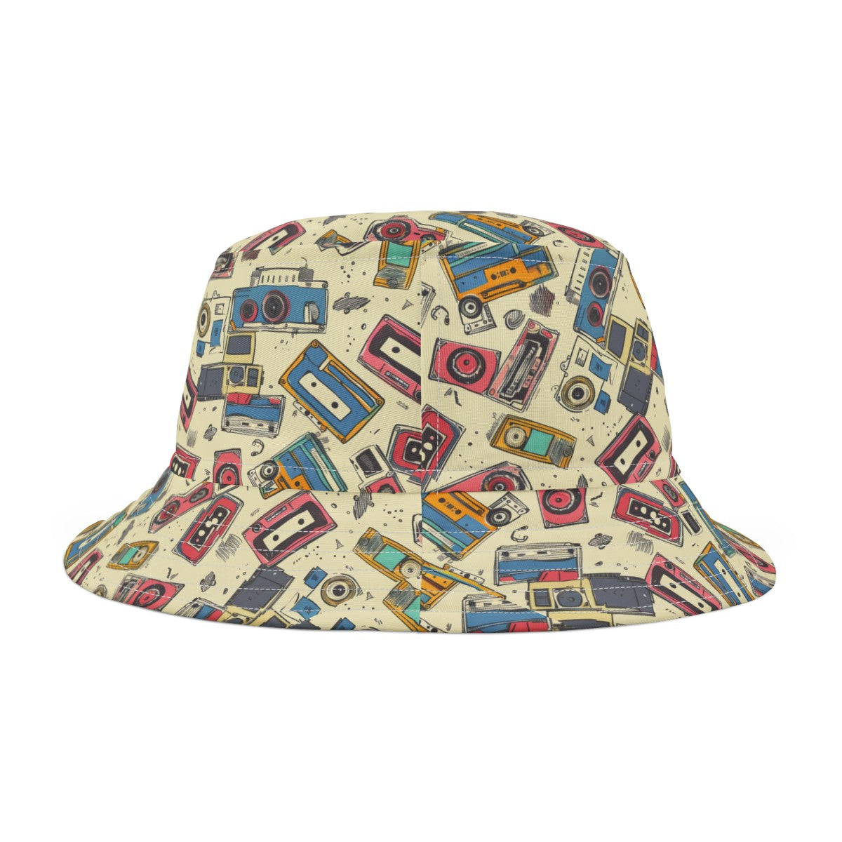 Retro Music Casettes Patterned Bucket Hat Unisex Casettte Pattern Hat Gift for Casette Lovers Gift for Music Lovers Cream Hat