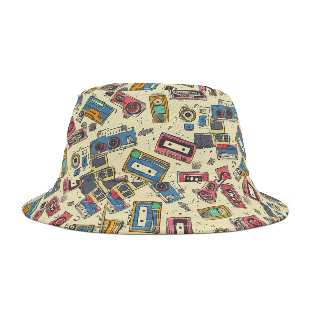 Retro Music Casettes Patterned Bucket Hat Unisex Casettte Pattern Hat Gift for Casette Lovers Gift for Music Lovers Cream Hat