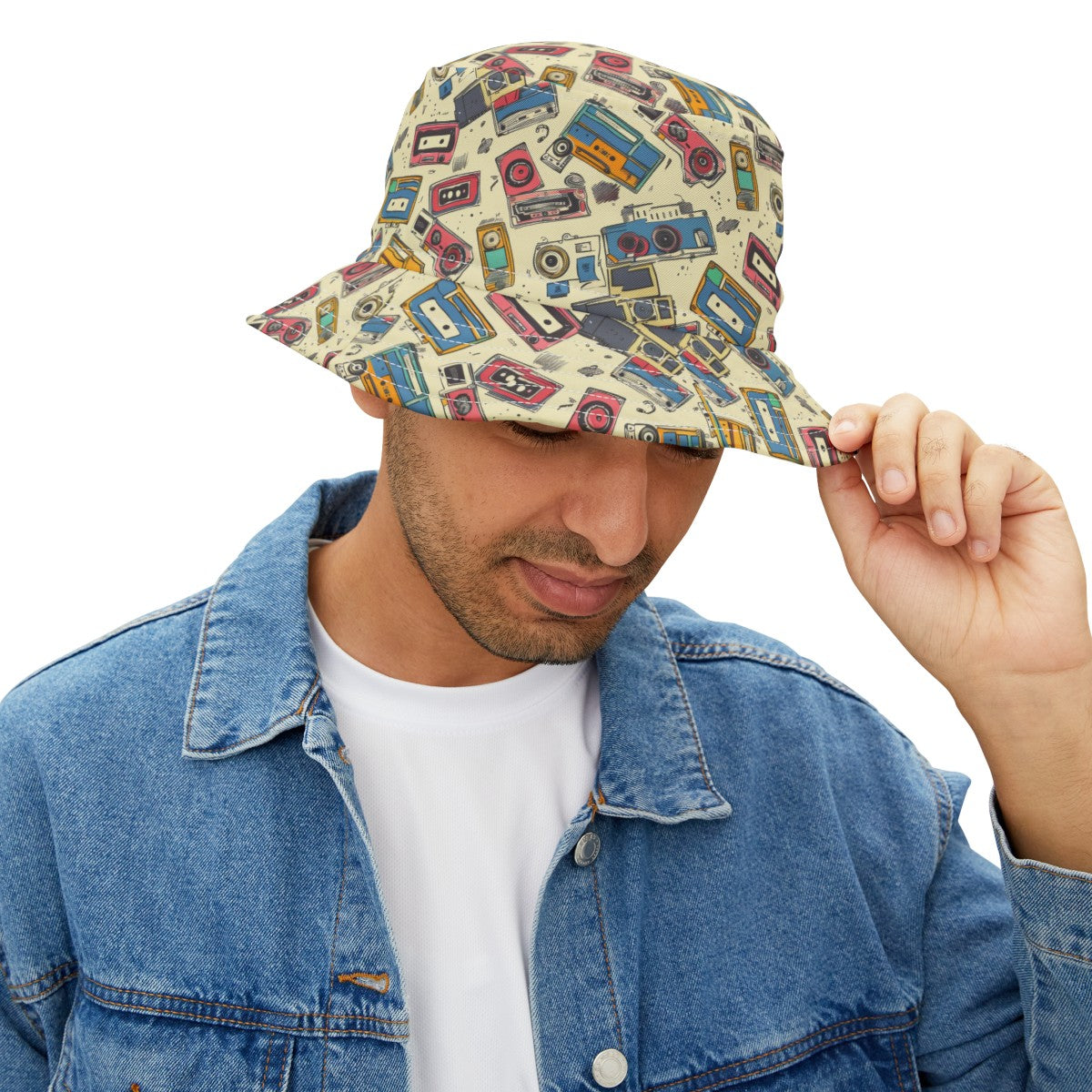 Retro Music Casettes Patterned Bucket Hat Unisex Casettte Pattern Hat Gift for Casette Lovers Gift for Music Lovers Cream Hat
