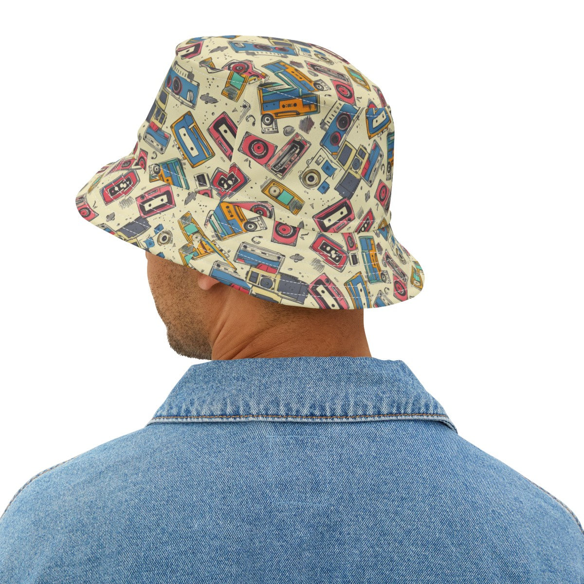 Retro Music Casettes Patterned Bucket Hat Unisex Casettte Pattern Hat Gift for Casette Lovers Gift for Music Lovers Cream Hat