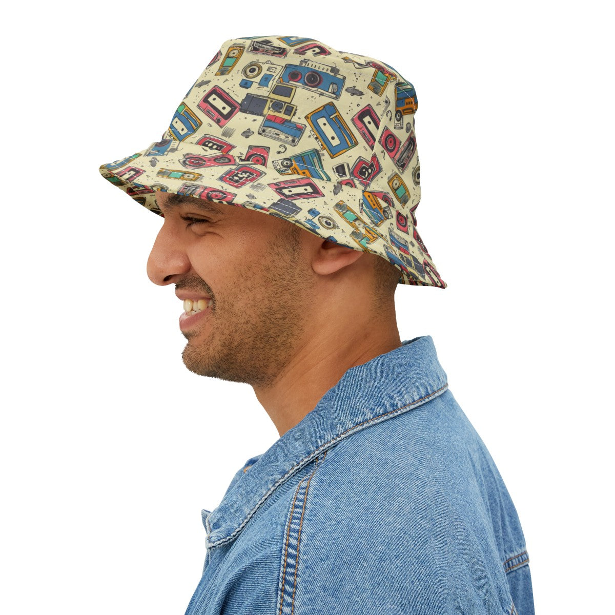 Retro Music Casettes Patterned Bucket Hat Unisex Casettte Pattern Hat Gift for Casette Lovers Gift for Music Lovers Cream Hat