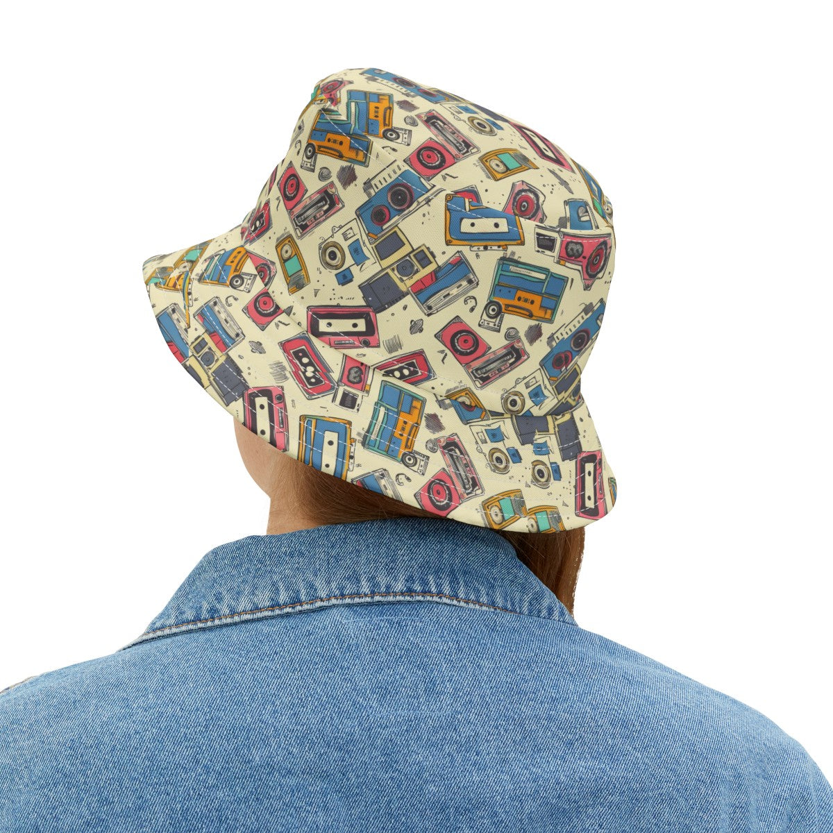 Retro Music Casettes Patterned Bucket Hat Unisex Casettte Pattern Hat Gift for Casette Lovers Gift for Music Lovers Cream Hat