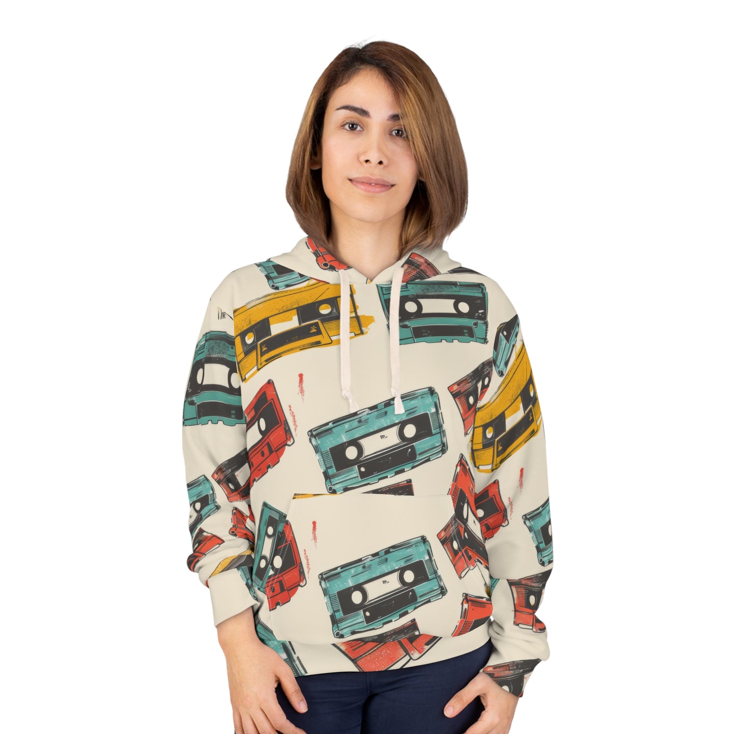 Retro Cassettes Patterned Hoodie, Pullover Gift for Cassette Lovers