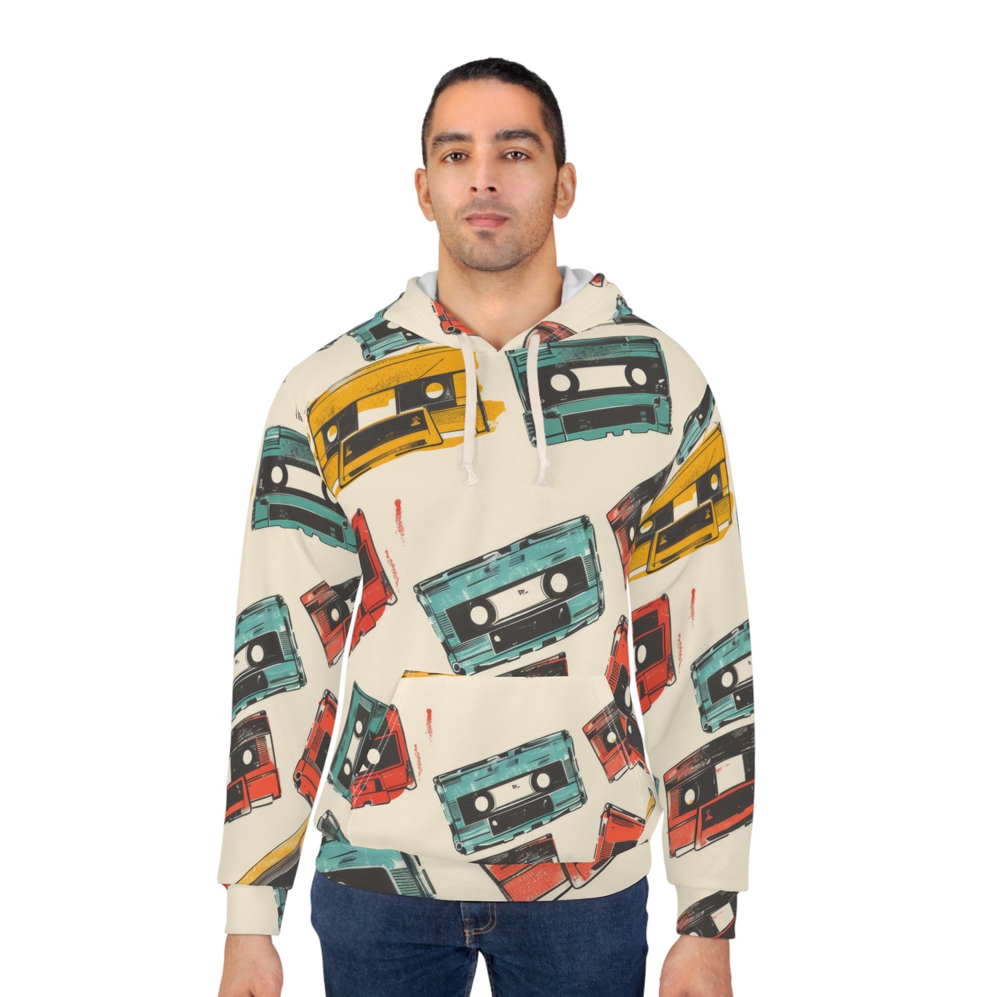 Retro Cassettes Patterned Hoodie, Pullover Gift for Cassette Lovers