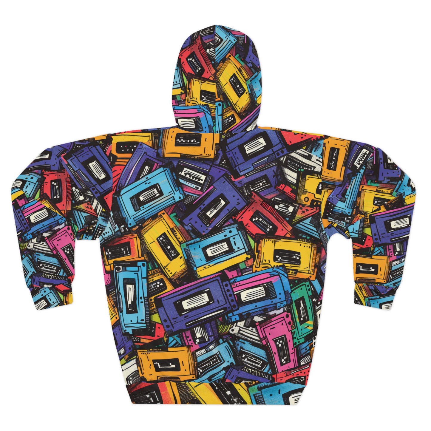 Retro Colorful Cassettes Patterned Hoodie, Colorful Cassettte Pattern Pullover