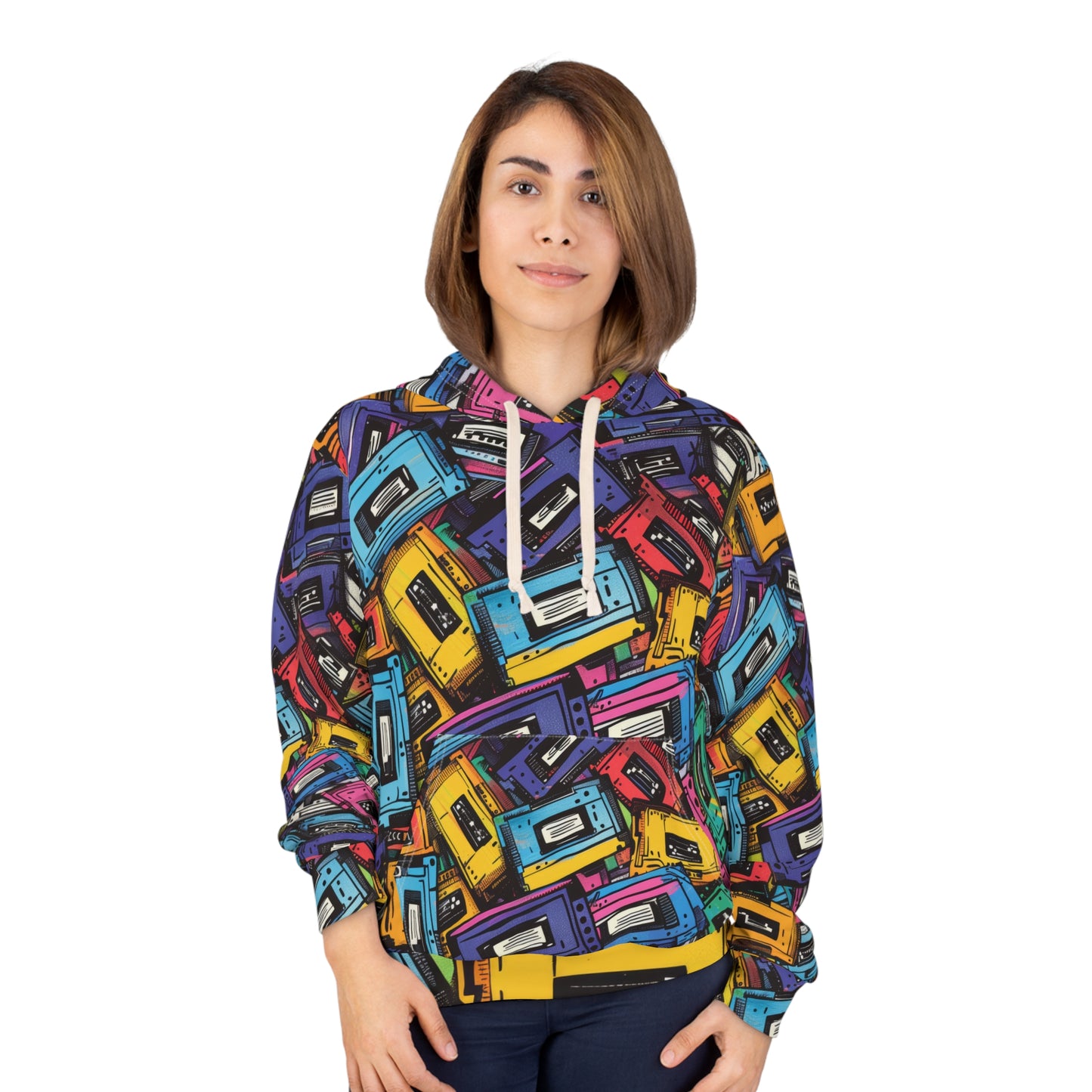 Retro Colorful Cassettes Patterned Hoodie, Colorful Cassettte Pattern Pullover