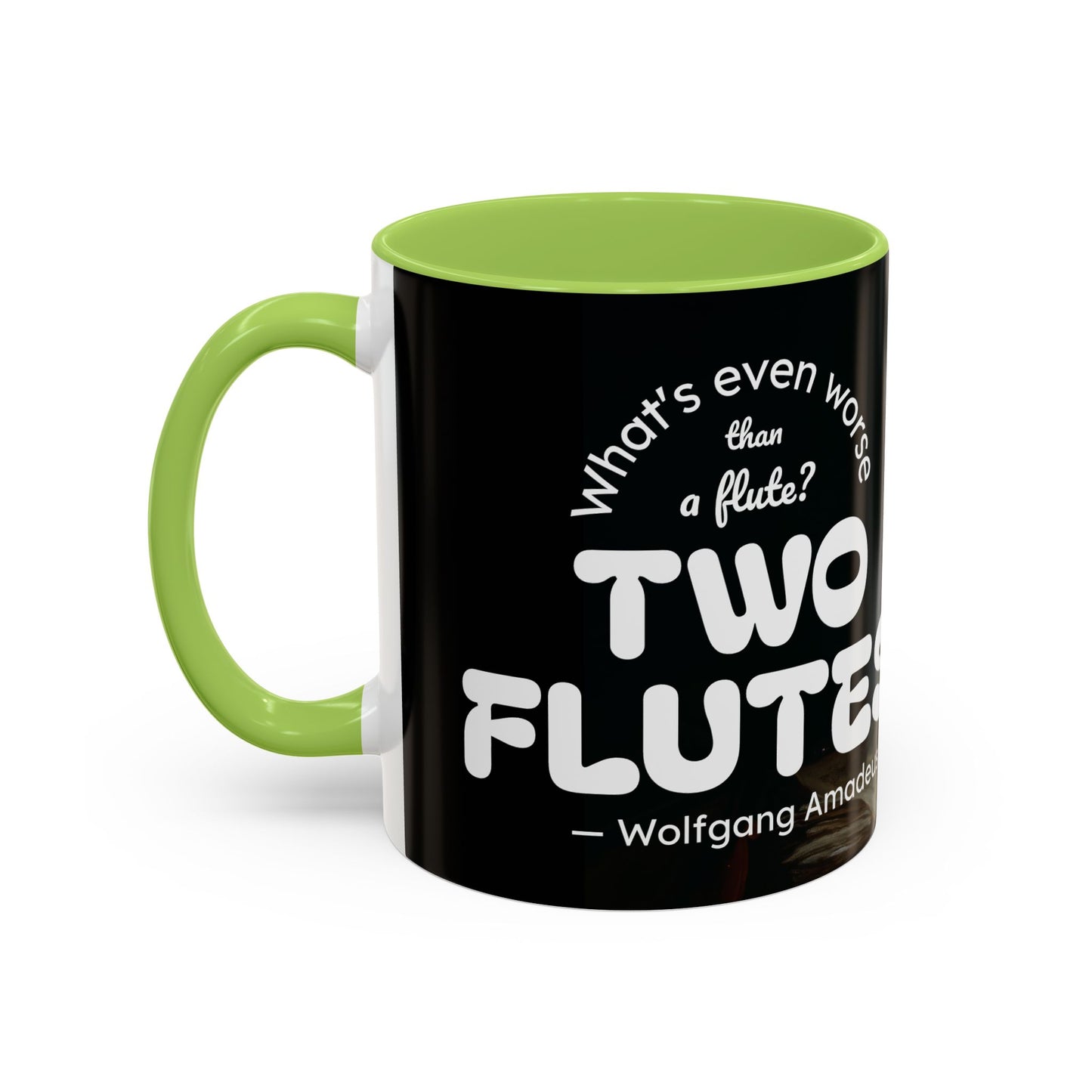 Two Flutes Mug in Black (EU) - Mozart Flute Quote Mug, Mozart Mug, Classical Music Mug, Funny Mozart Quote