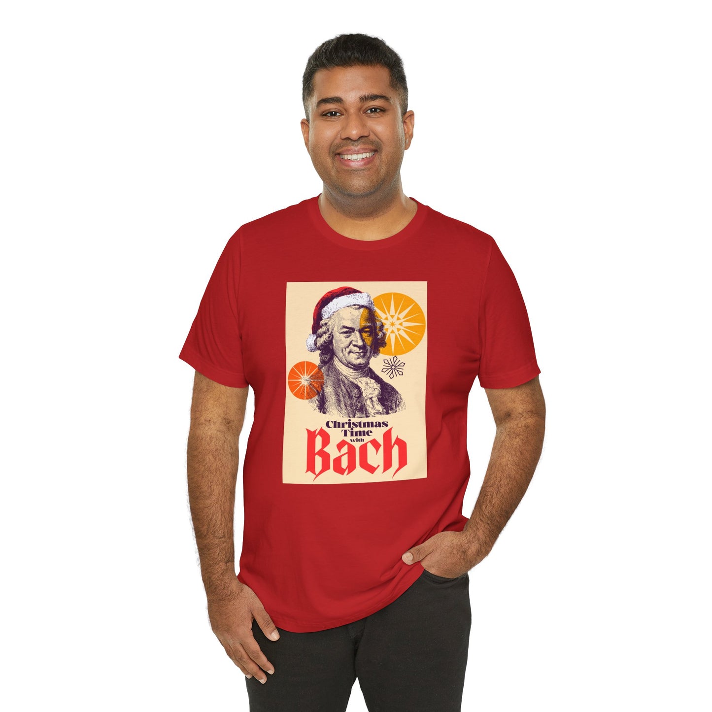 Christmas with Bach - Holiday T-Shirt, Santa Shirt, Bach with Santa Hat T-Shirt, Classical Music Christmas Shirt
