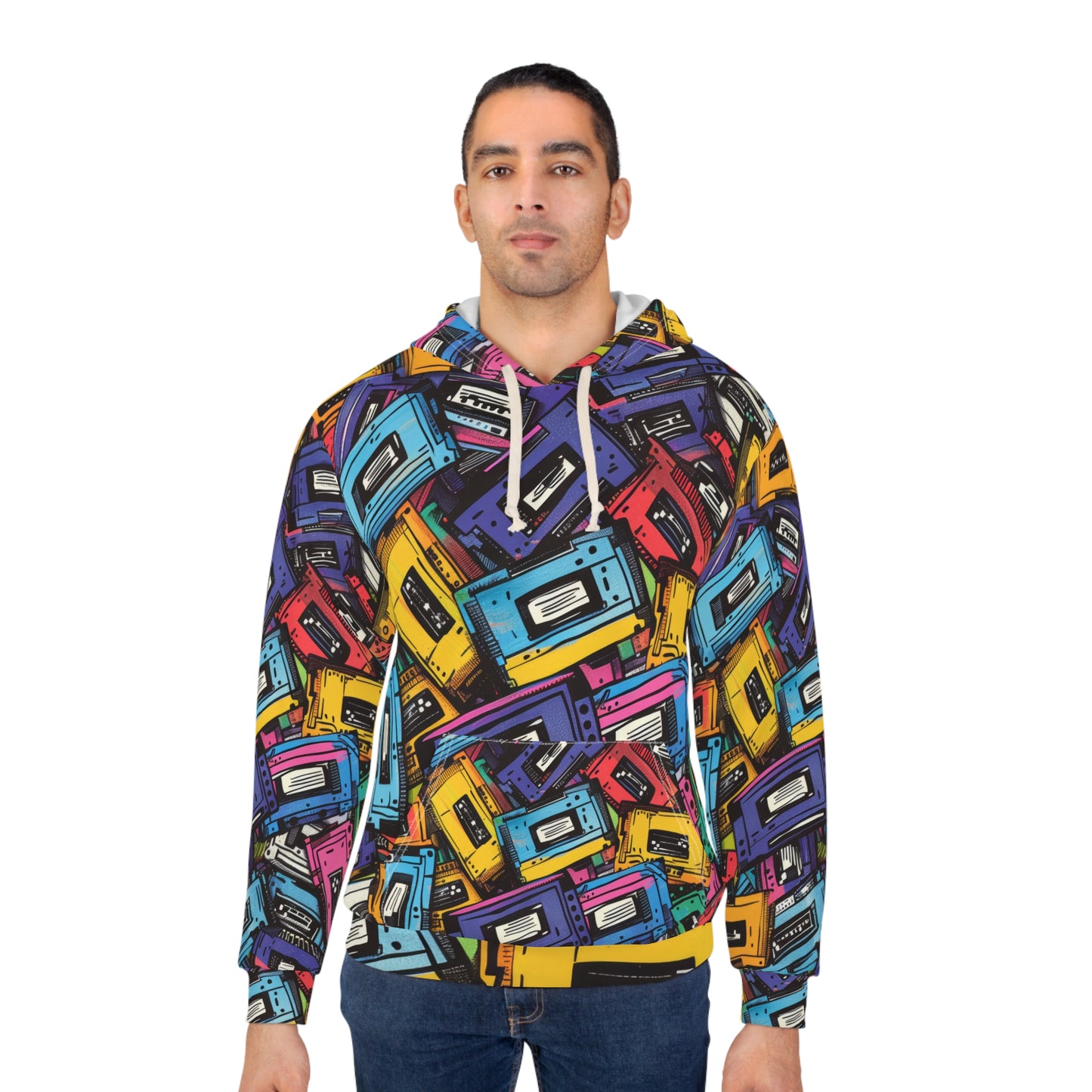 Retro Colorful Cassettes Patterned Hoodie, Colorful Cassettte Pattern Pullover