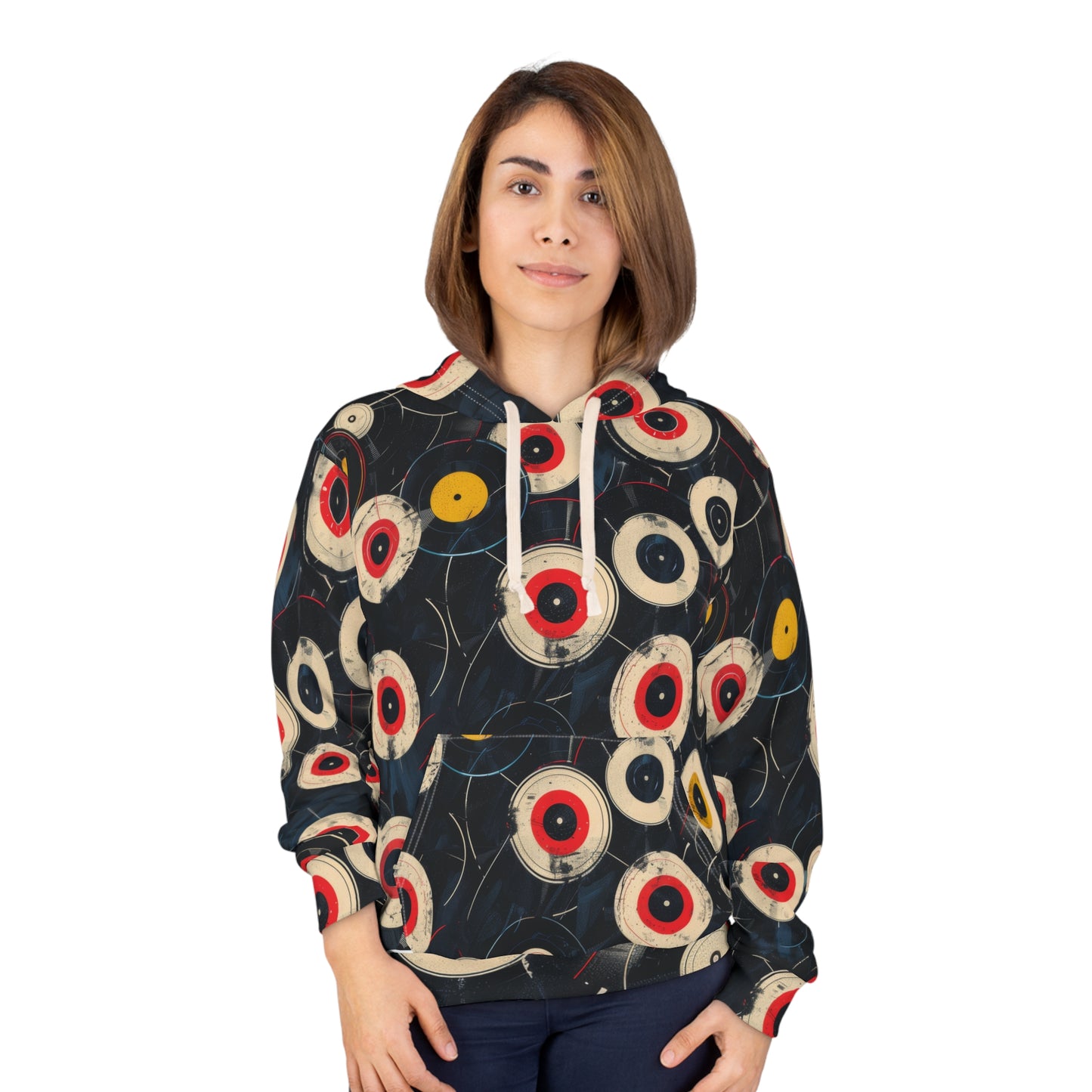 Retro Vinyl Patterned Hoodie, Vinyl Pattern Pullover - Music Enthusiast Gift