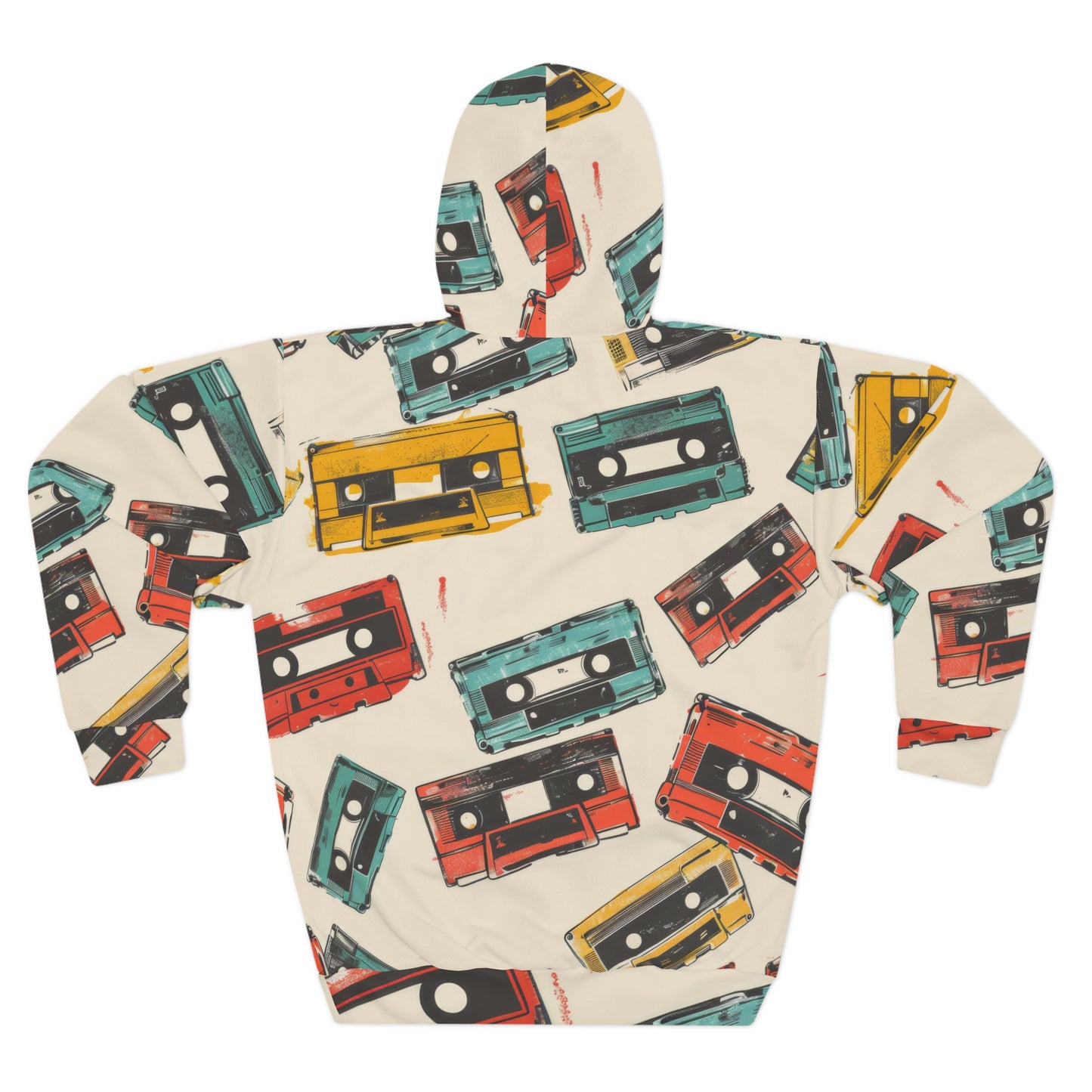 Retro Cassettes Patterned Hoodie, Pullover Gift for Cassette Lovers