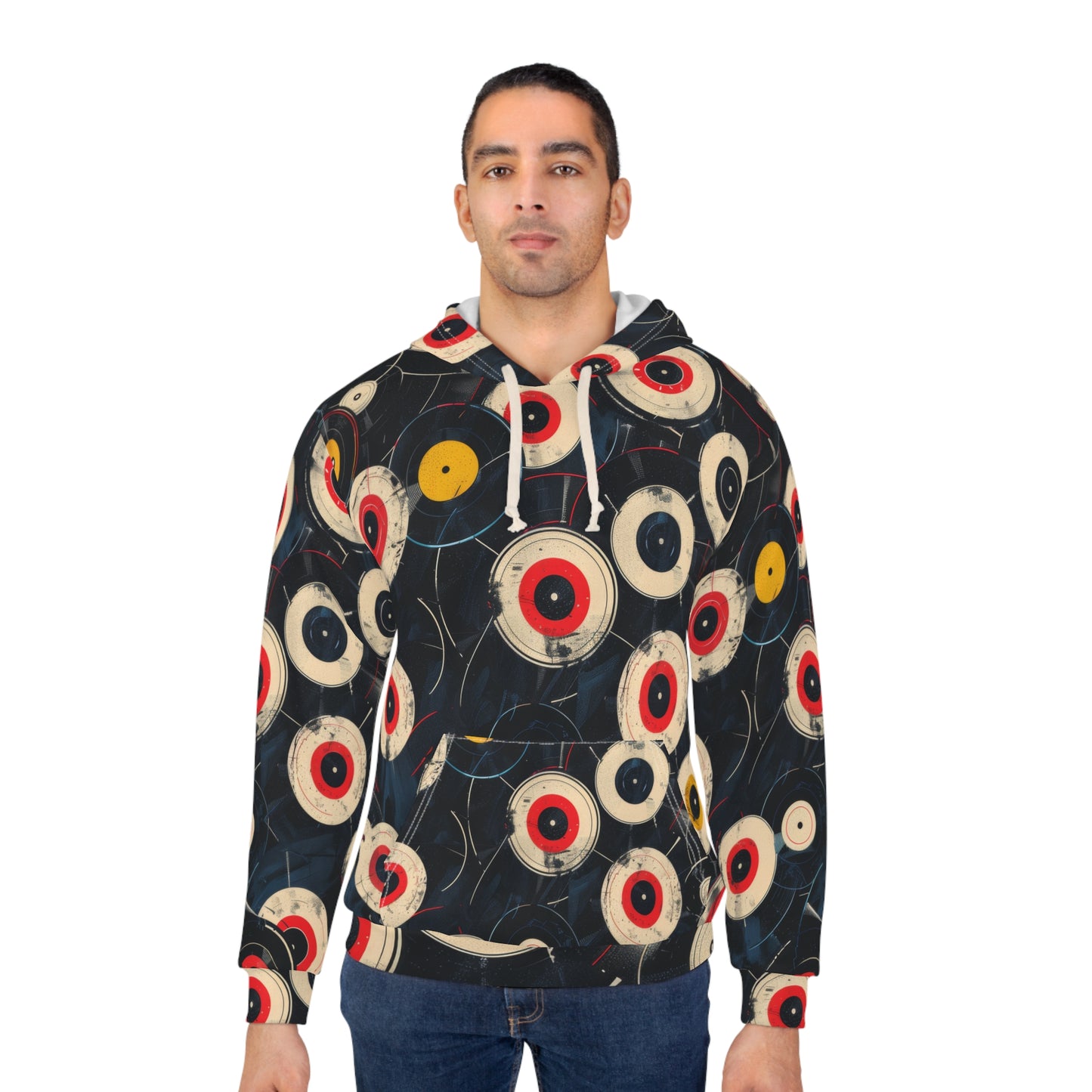 Retro Vinyl Patterned Hoodie, Vinyl Pattern Pullover - Music Enthusiast Gift