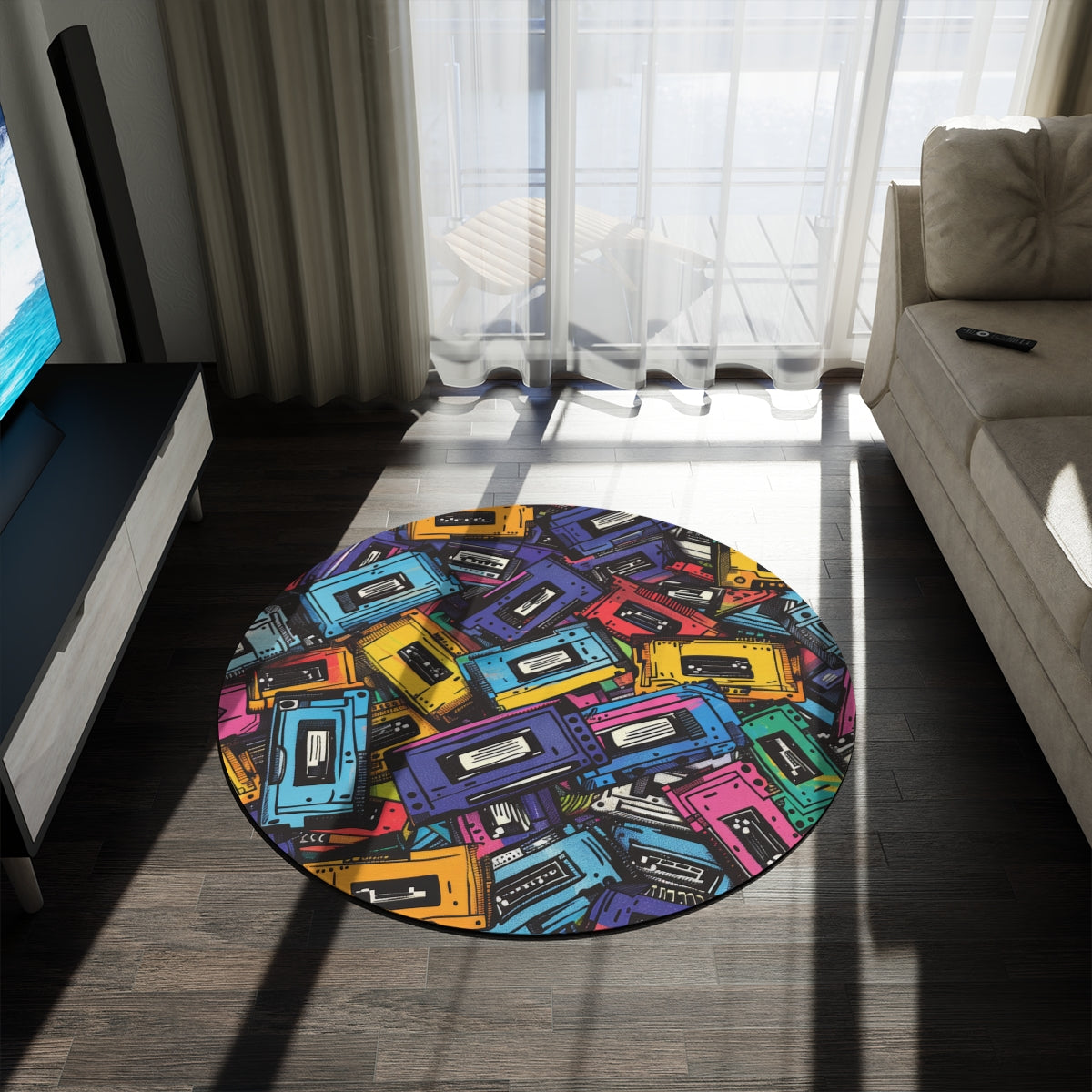 Retro Music Casettes Patterned Rug Casettte Pattern Rug Gift for Casette Lovers Gift for Music Lovers Round Rug Multi Color Rug