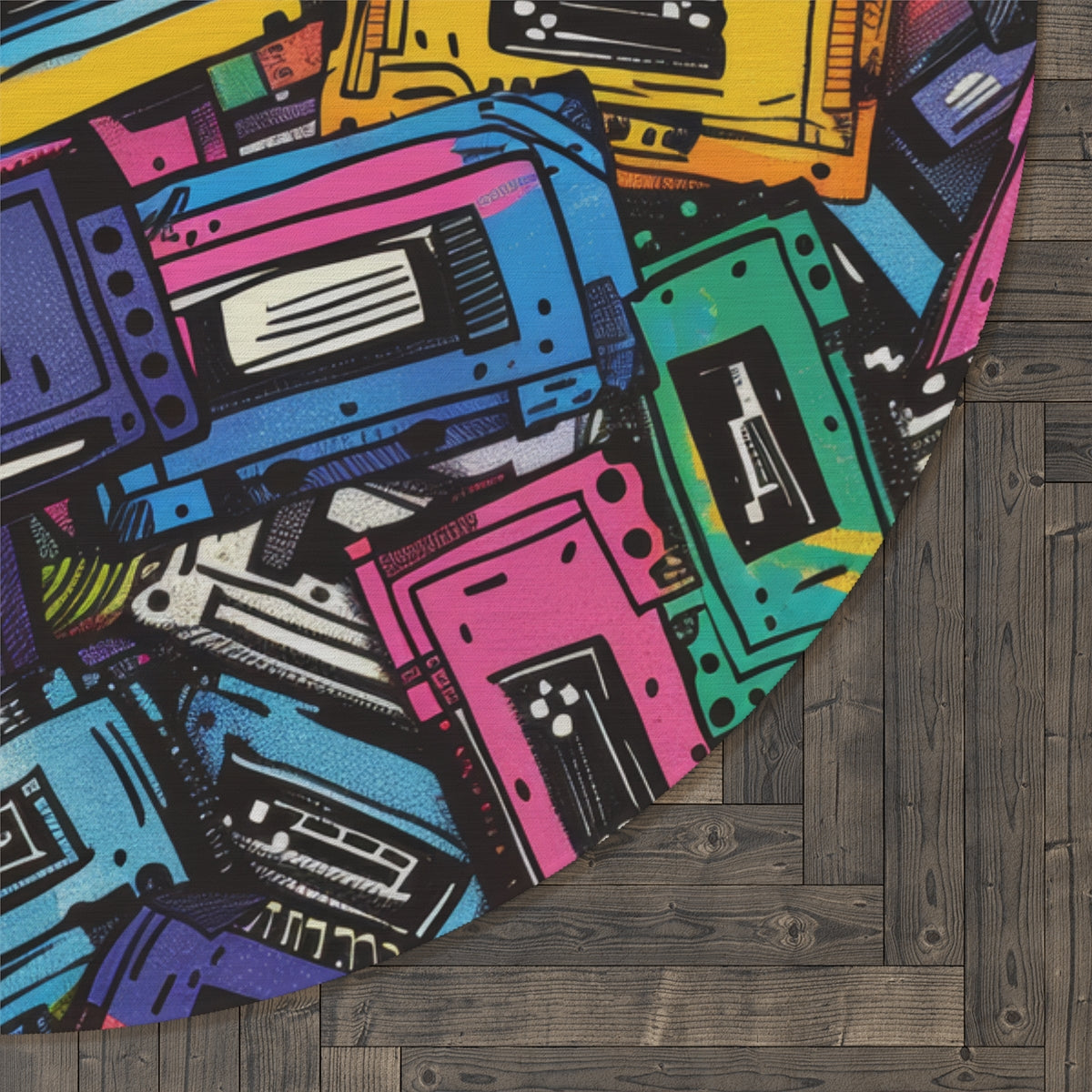 Retro Music Casettes Patterned Rug Casettte Pattern Rug Gift for Casette Lovers Gift for Music Lovers Round Rug Multi Color Rug