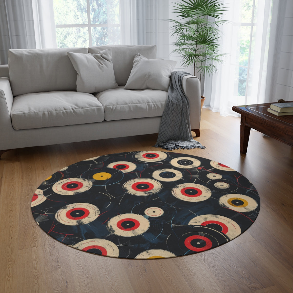 Retro Vinyl Patterned Rug Vinyl Pattern Rug Gift for Vinyl Lovers Gift for Music Lovers Round Rug Black Vinyl Rug