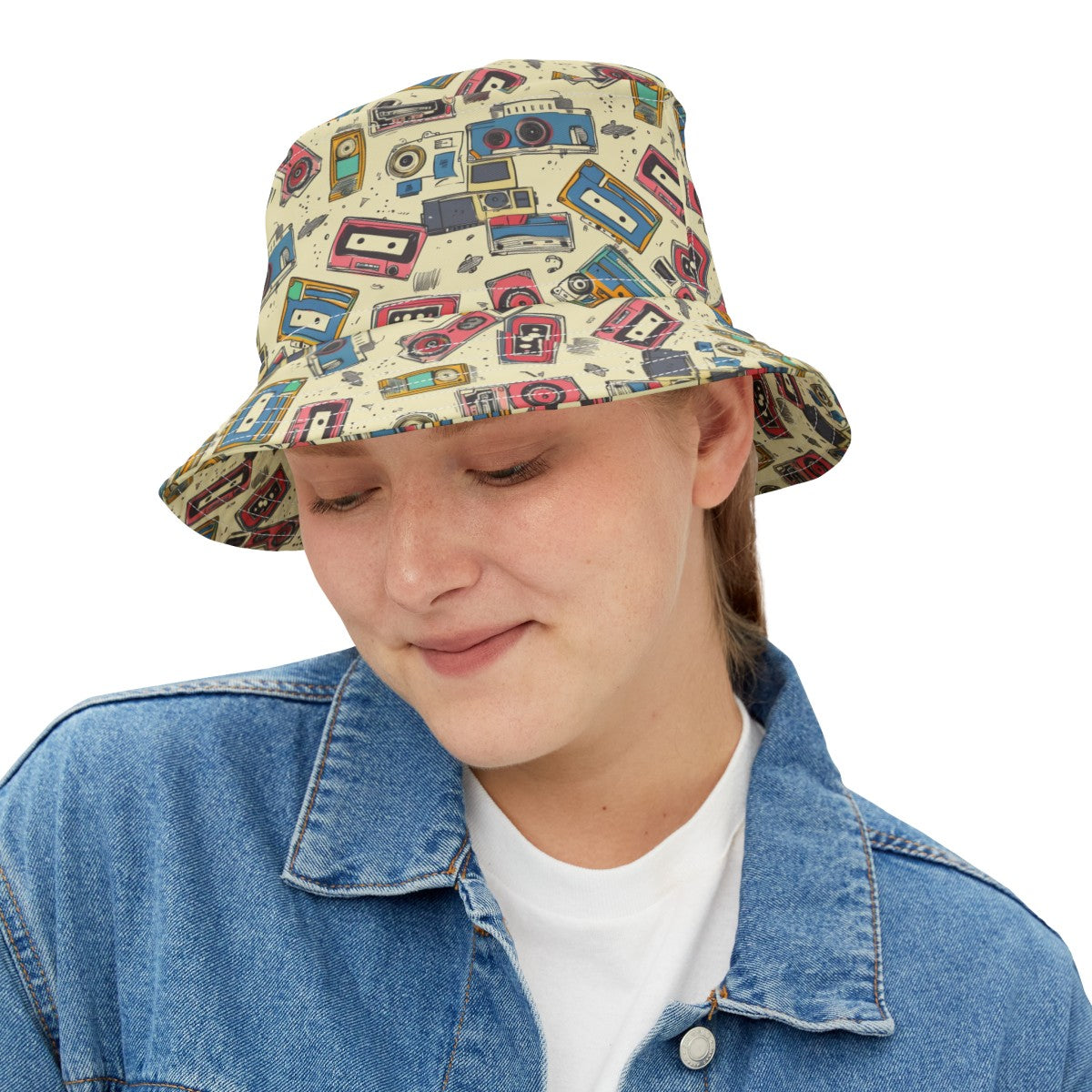 Retro Music Casettes Patterned Bucket Hat Unisex Casettte Pattern Hat Gift for Casette Lovers Gift for Music Lovers Cream Hat