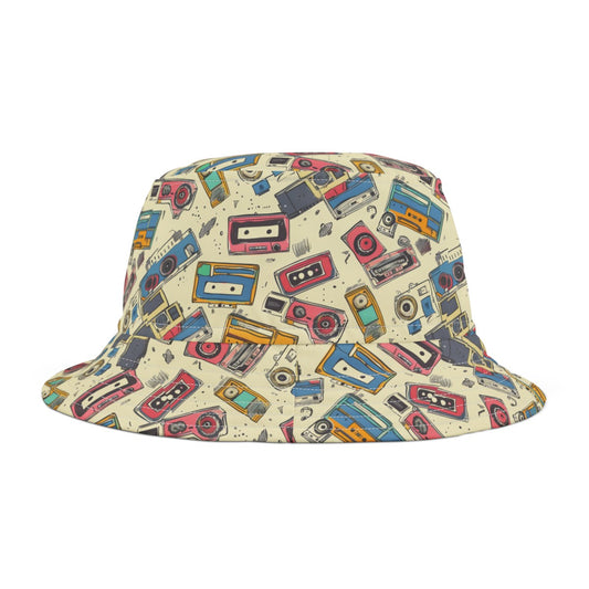 Retro Music Casettes Patterned Bucket Hat Unisex Casettte Pattern Hat Gift for Casette Lovers Gift for Music Lovers Cream Hat