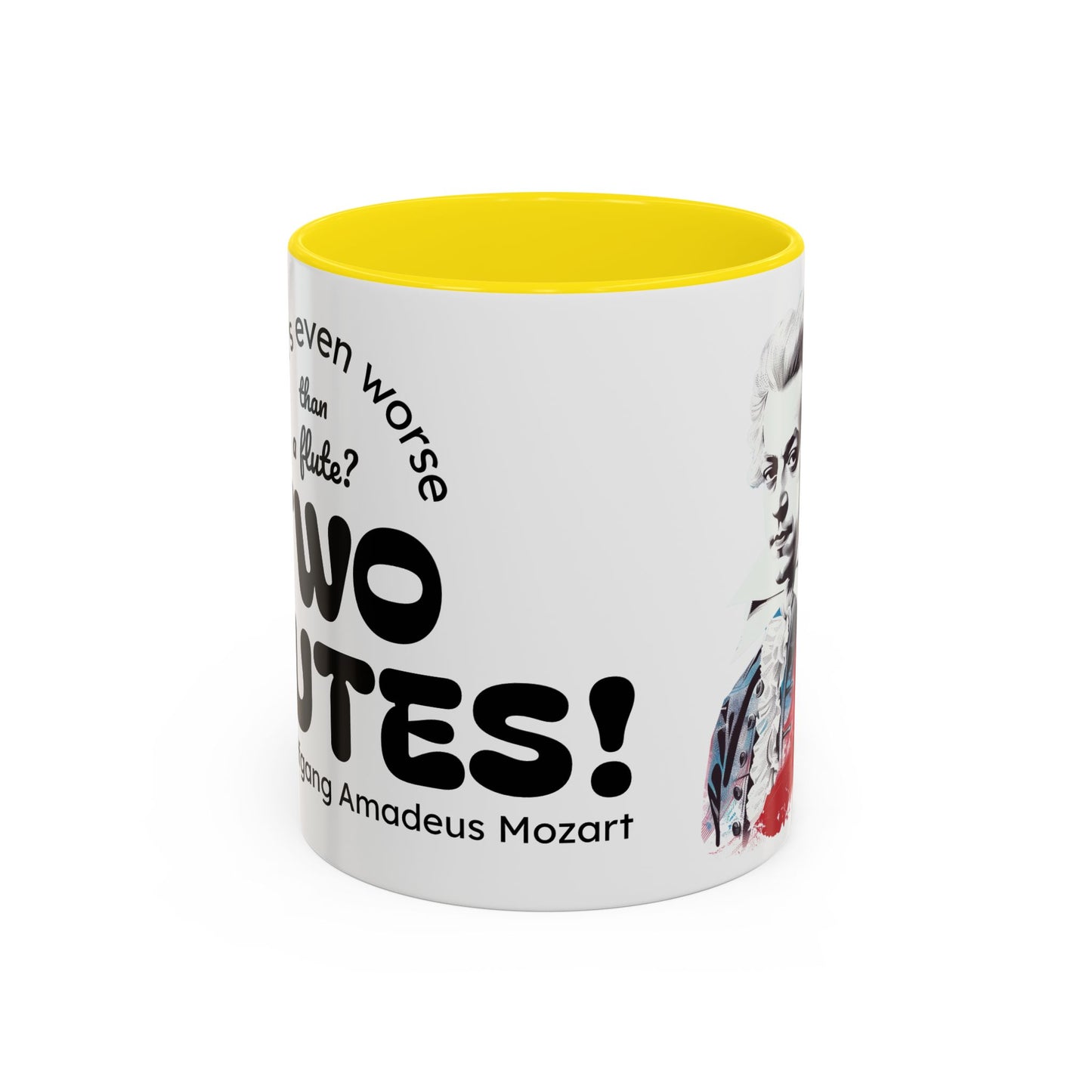Two Flutes Mug in White (EU) - Mozart Flute Quote Mug, Mozart Mug, Classical Music Mug, Funny Mozart Quote