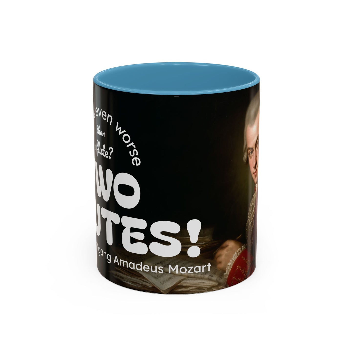 Two Flutes Mug in Black (EU) - Mozart Flute Quote Mug, Mozart Mug, Classical Music Mug, Funny Mozart Quote