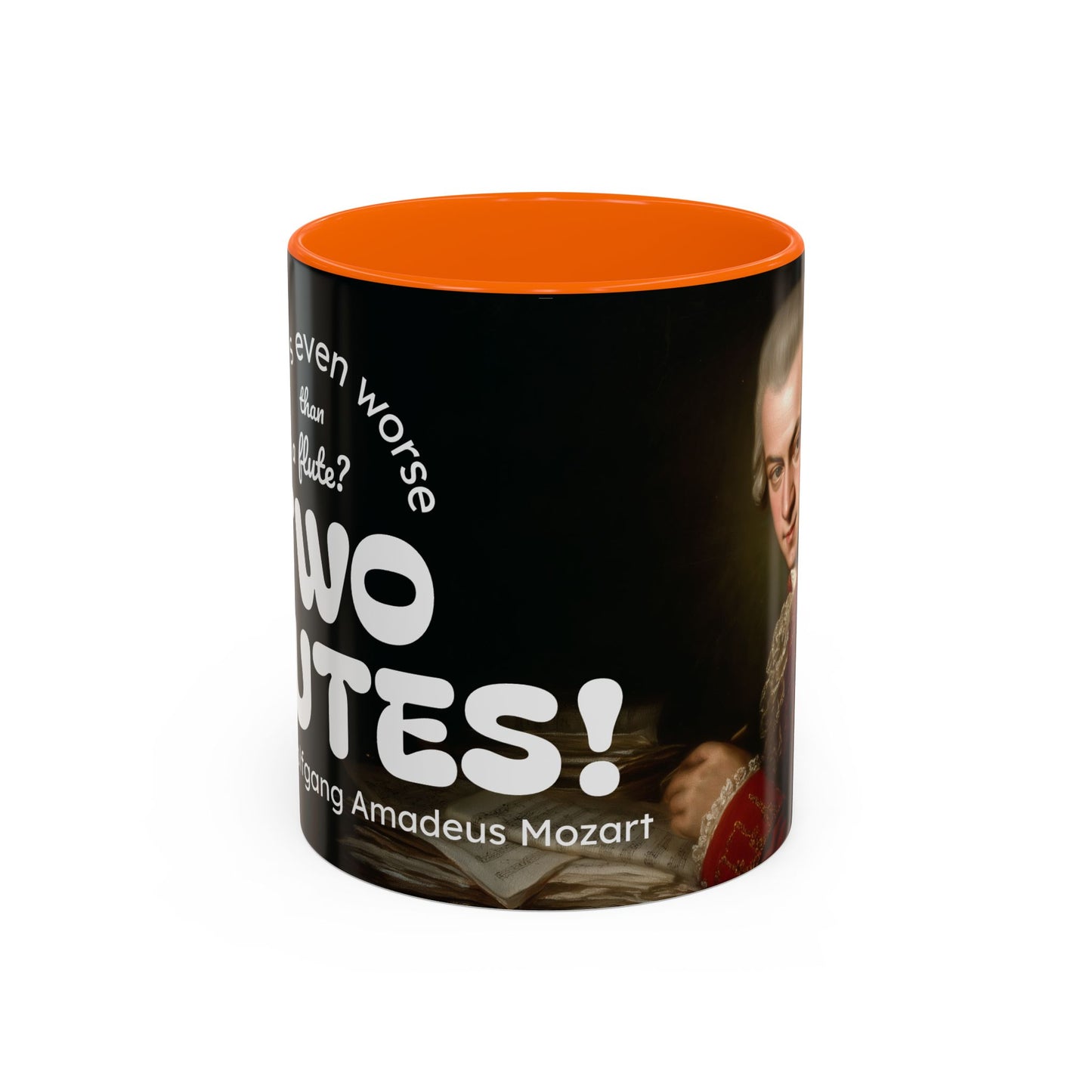 Two Flutes Mug in Black (EU) - Mozart Flute Quote Mug, Mozart Mug, Classical Music Mug, Funny Mozart Quote