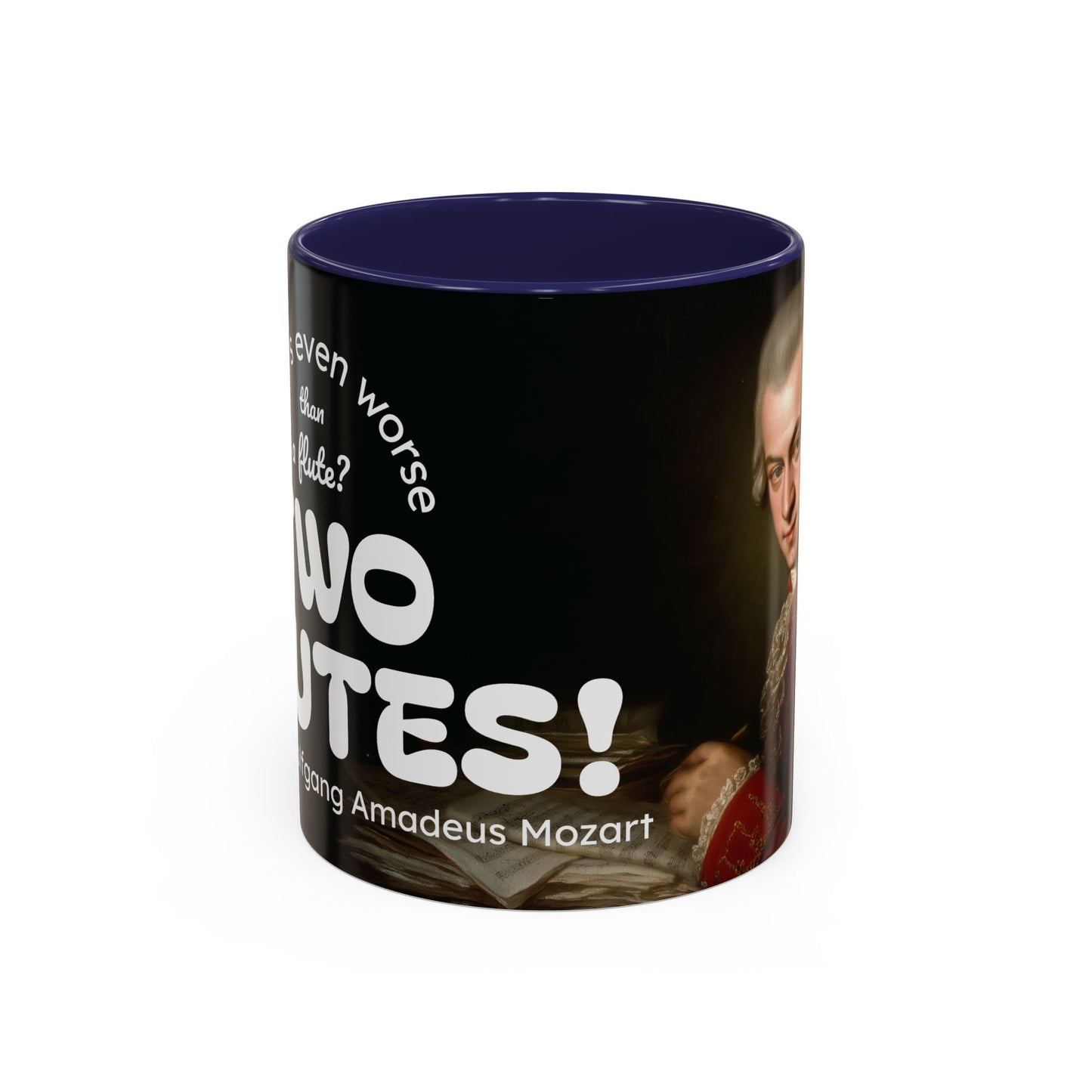 Two Flutes Mug in Black (EU) - Mozart Flute Quote Mug, Mozart Mug, Classical Music Mug, Funny Mozart Quote