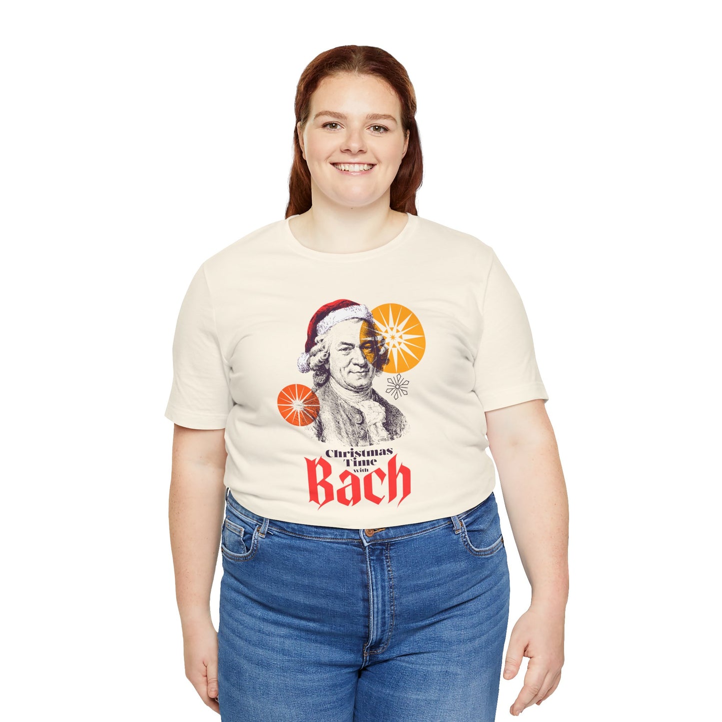 Christmas with Bach - Holiday T-Shirt, Santa Shirt, Bach with Santa Hat T-Shirt, Classical Music Christmas Shirt