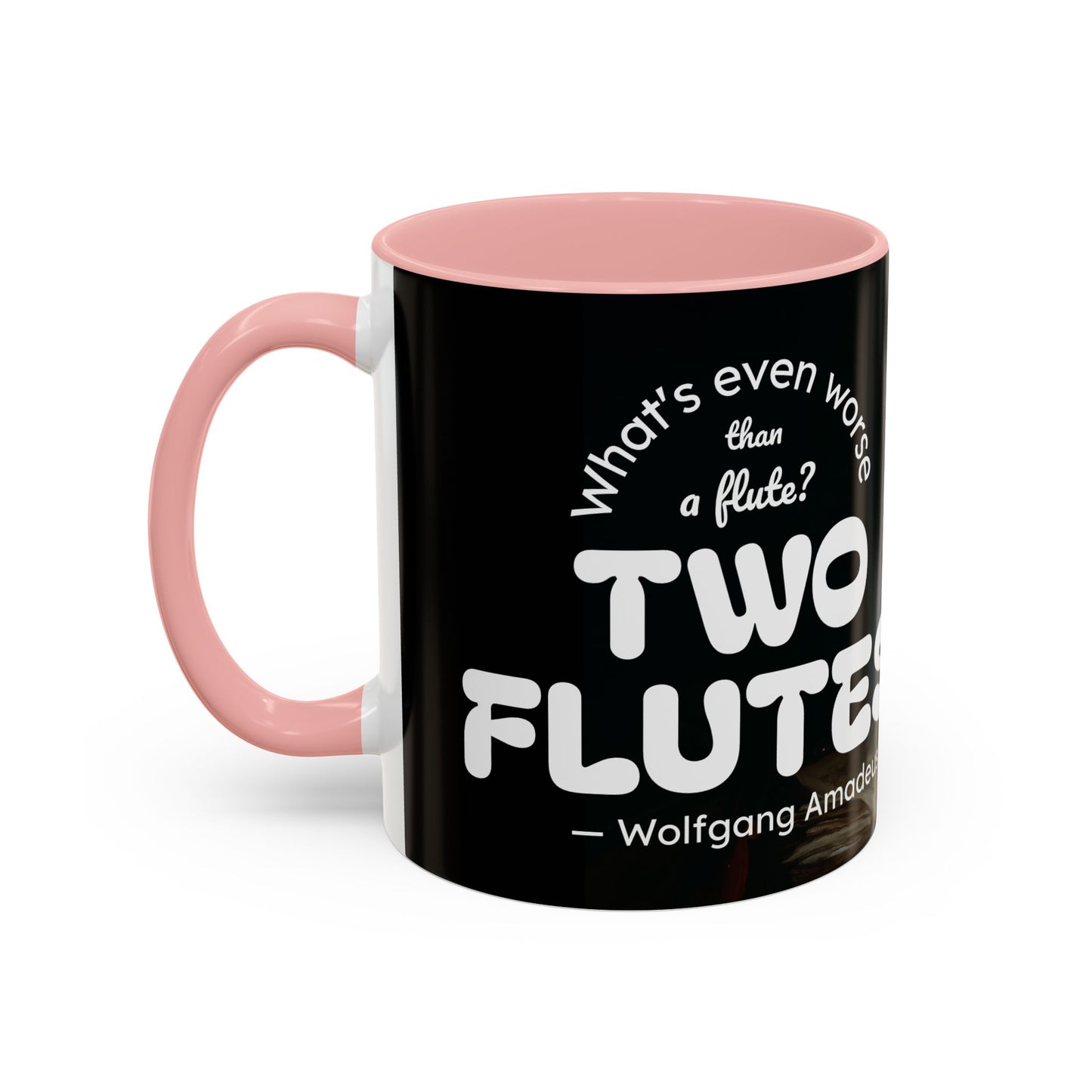 Two Flutes Mug in Black (EU) - Mozart Flute Quote Mug, Mozart Mug, Classical Music Mug, Funny Mozart Quote