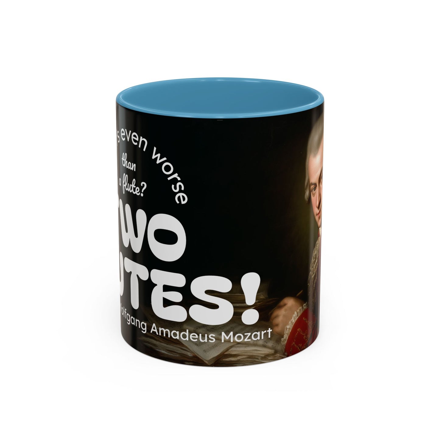 Two Flutes Mug in Black (USA) - Mozart Flute Quote Mug, Mozart Mug, Classical Music Mug, Funny Mozart Quote