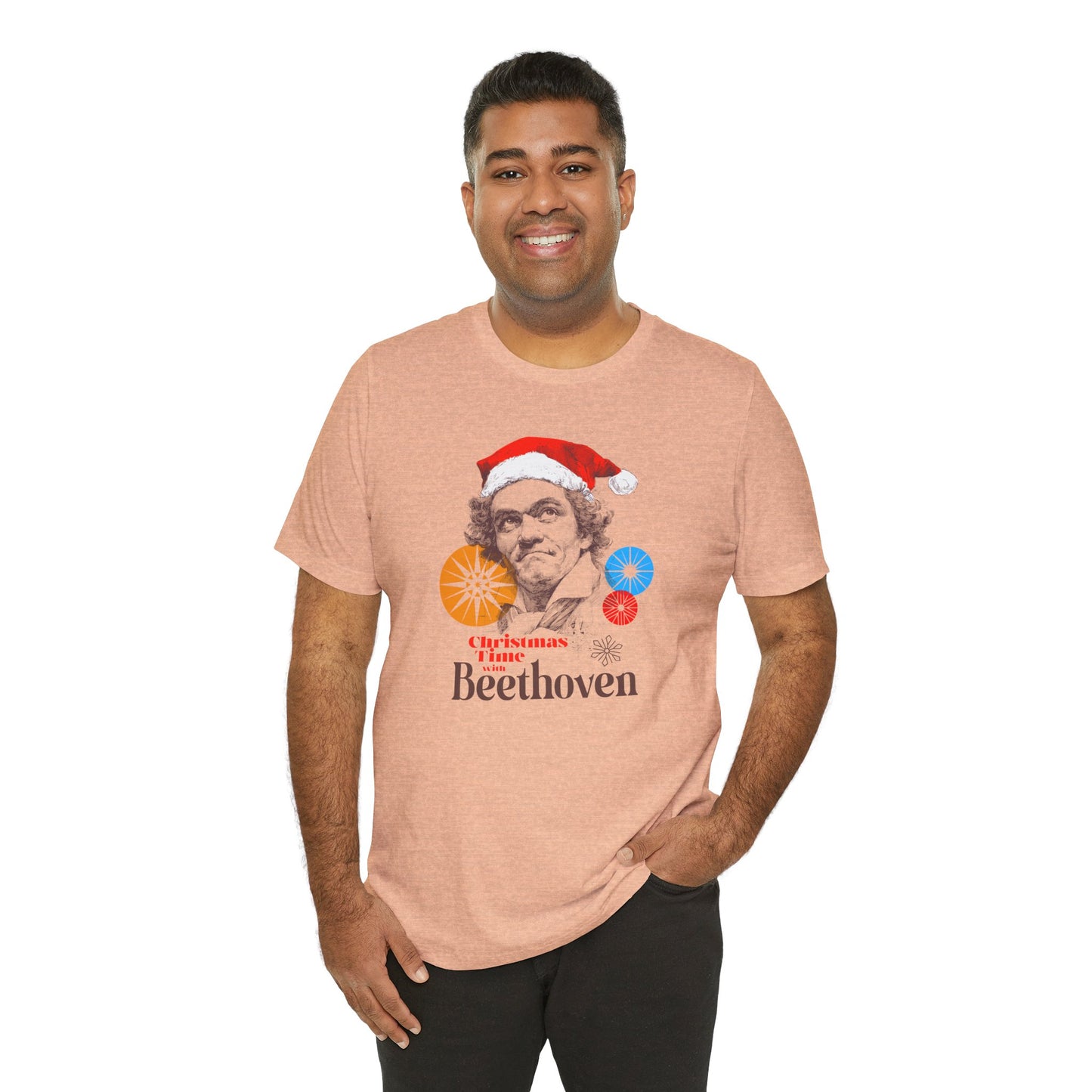 Christmas with Beethoven - Holiday T-Shirt, Santa Shirt, Beethoven with Santa Hat T-Shirt, Classical Music Christmas Shirt