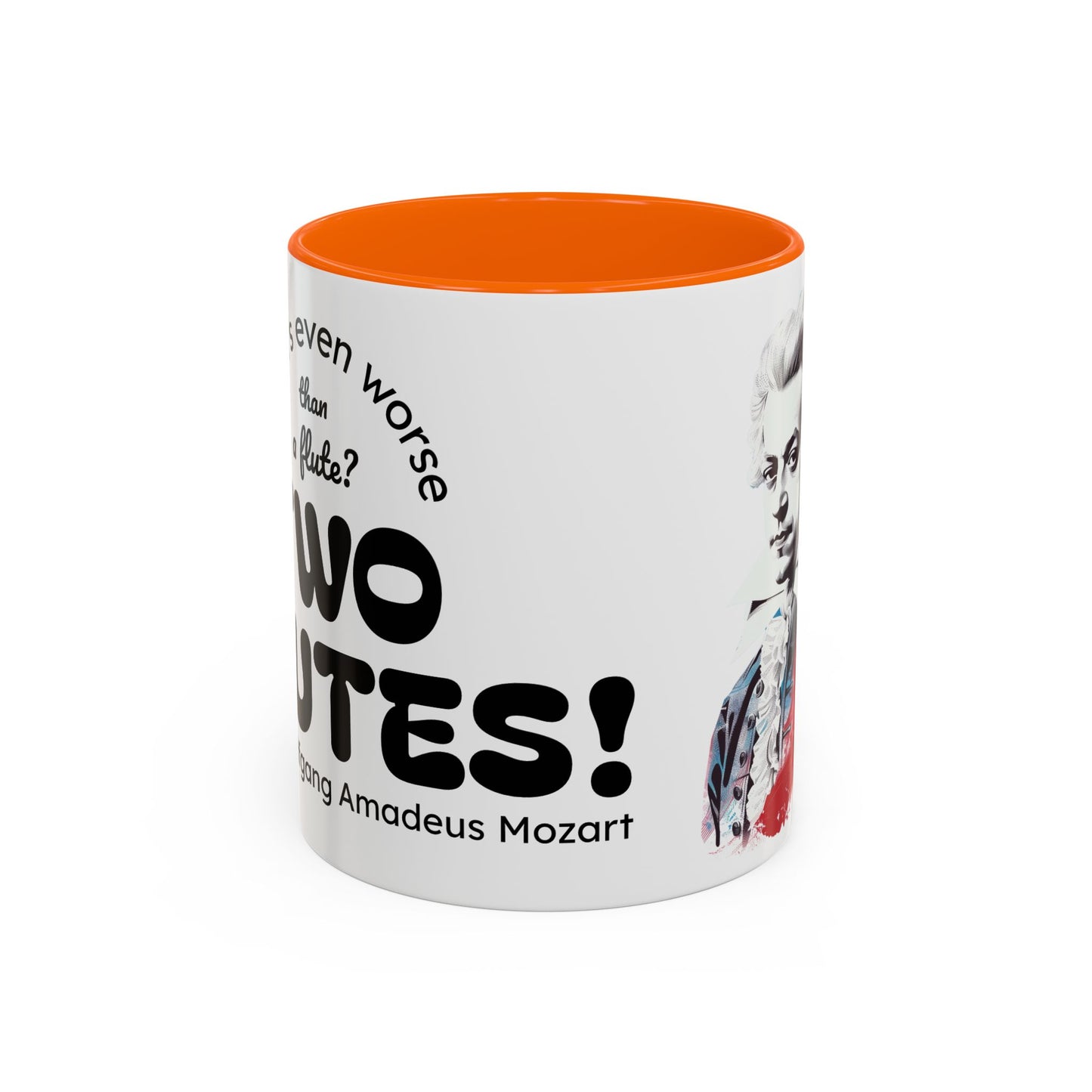 Two Flutes Mug in White (EU) - Mozart Flute Quote Mug, Mozart Mug, Classical Music Mug, Funny Mozart Quote