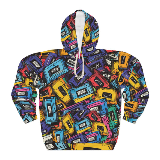 Retro Colorful Cassettes Patterned Hoodie, Colorful Cassettte Pattern Pullover