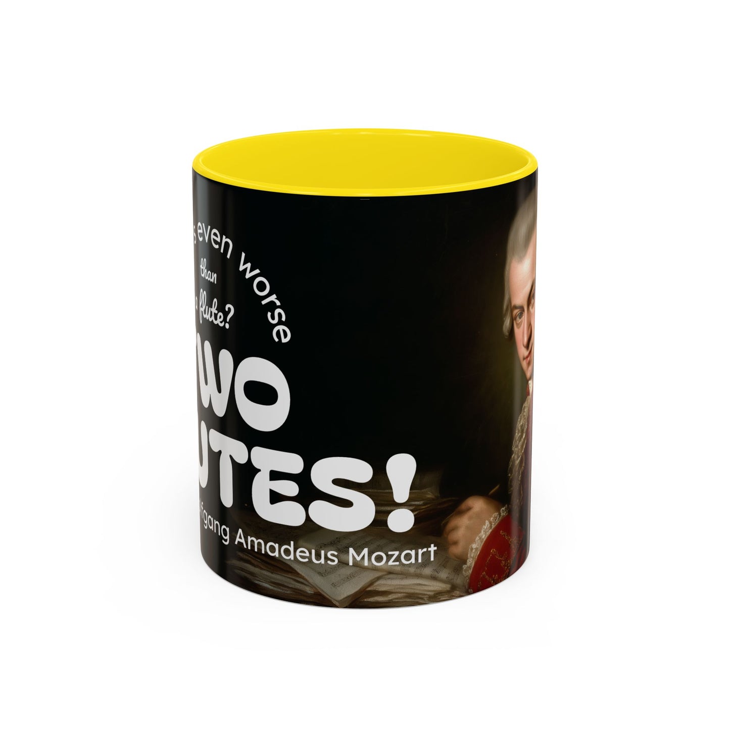 Two Flutes Mug in Black (EU) - Mozart Flute Quote Mug, Mozart Mug, Classical Music Mug, Funny Mozart Quote