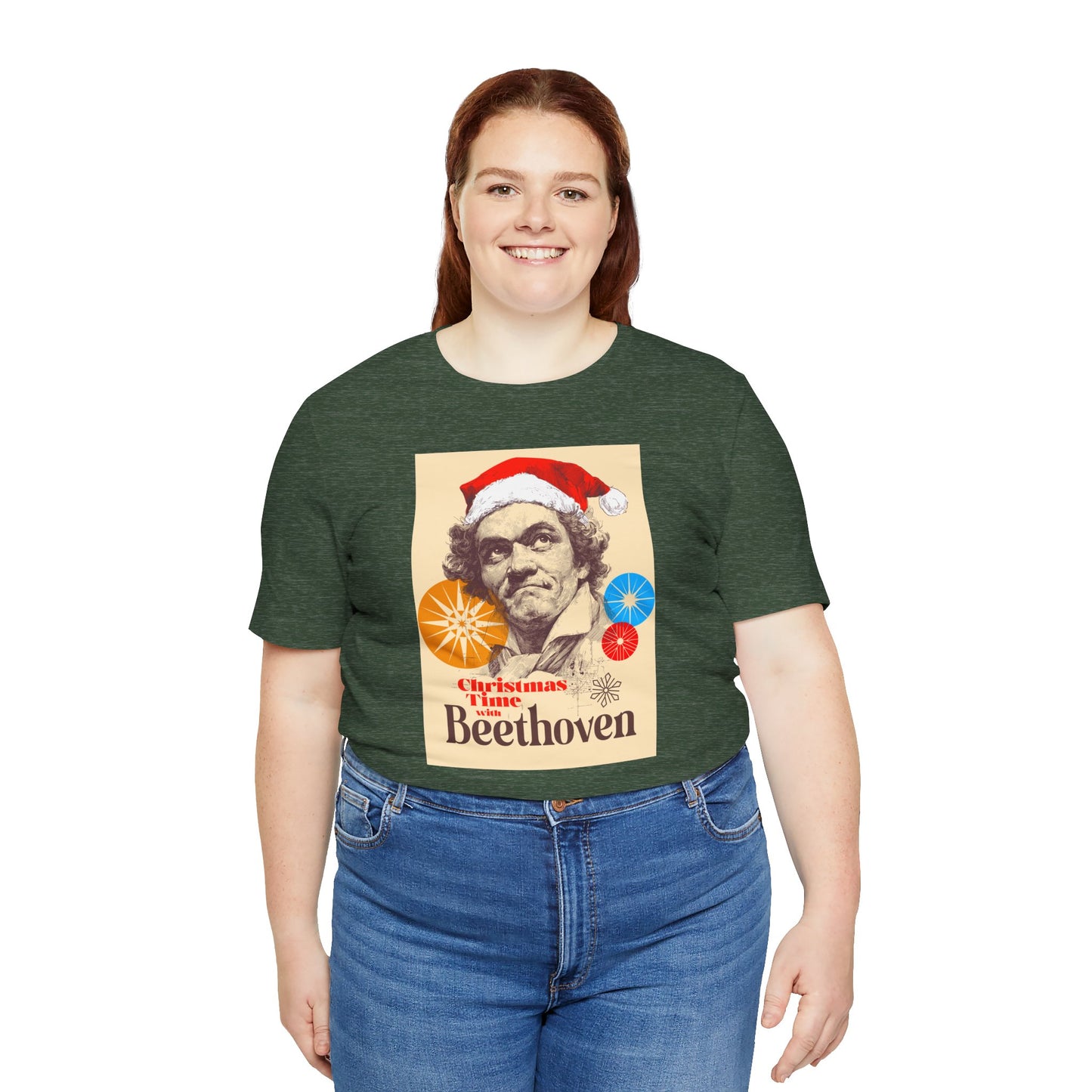Christmas with Beethoven - Holiday T-Shirt, Santa Shirt, Beethoven with Santa Hat T-Shirt, Classical Music Christmas Shirt