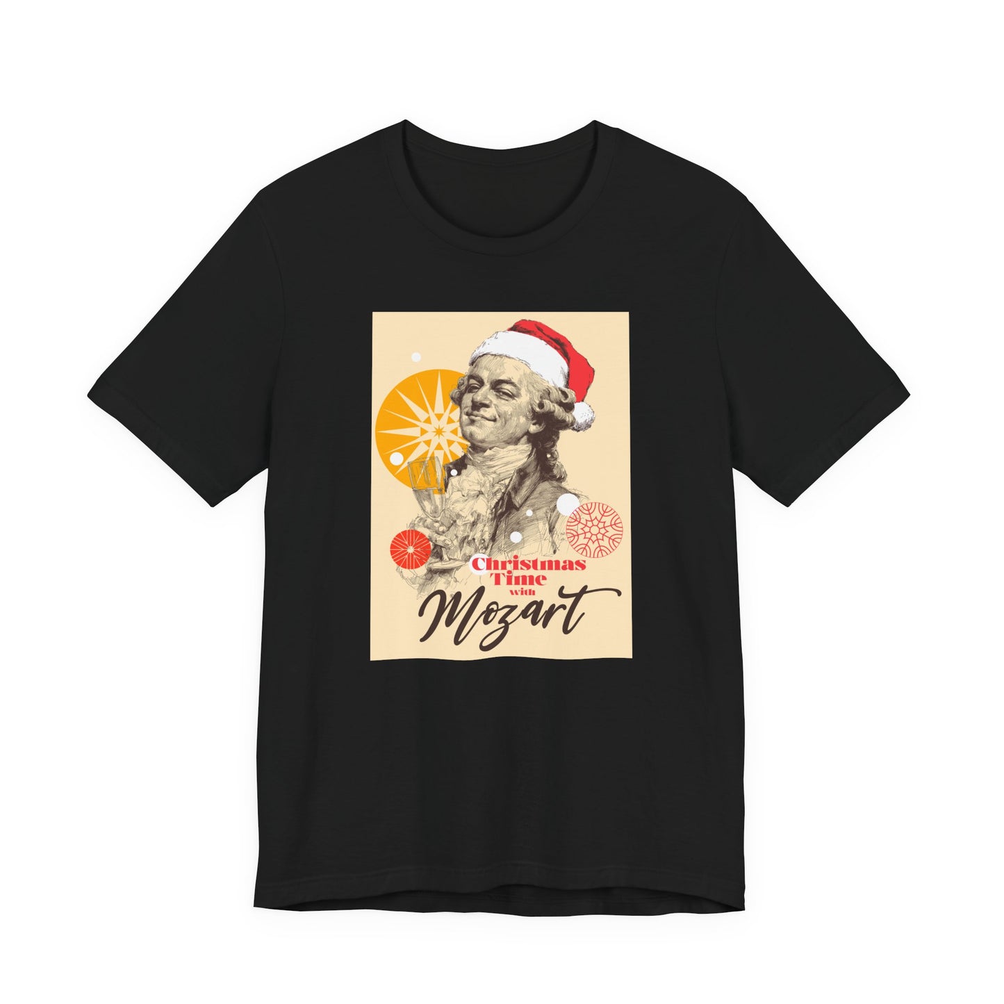 Christmas with Mozart - Holiday T-Shirt, Santa Shirt, Mozart with Santa Hat T-Shirt, Classical Music Christmas Shirt