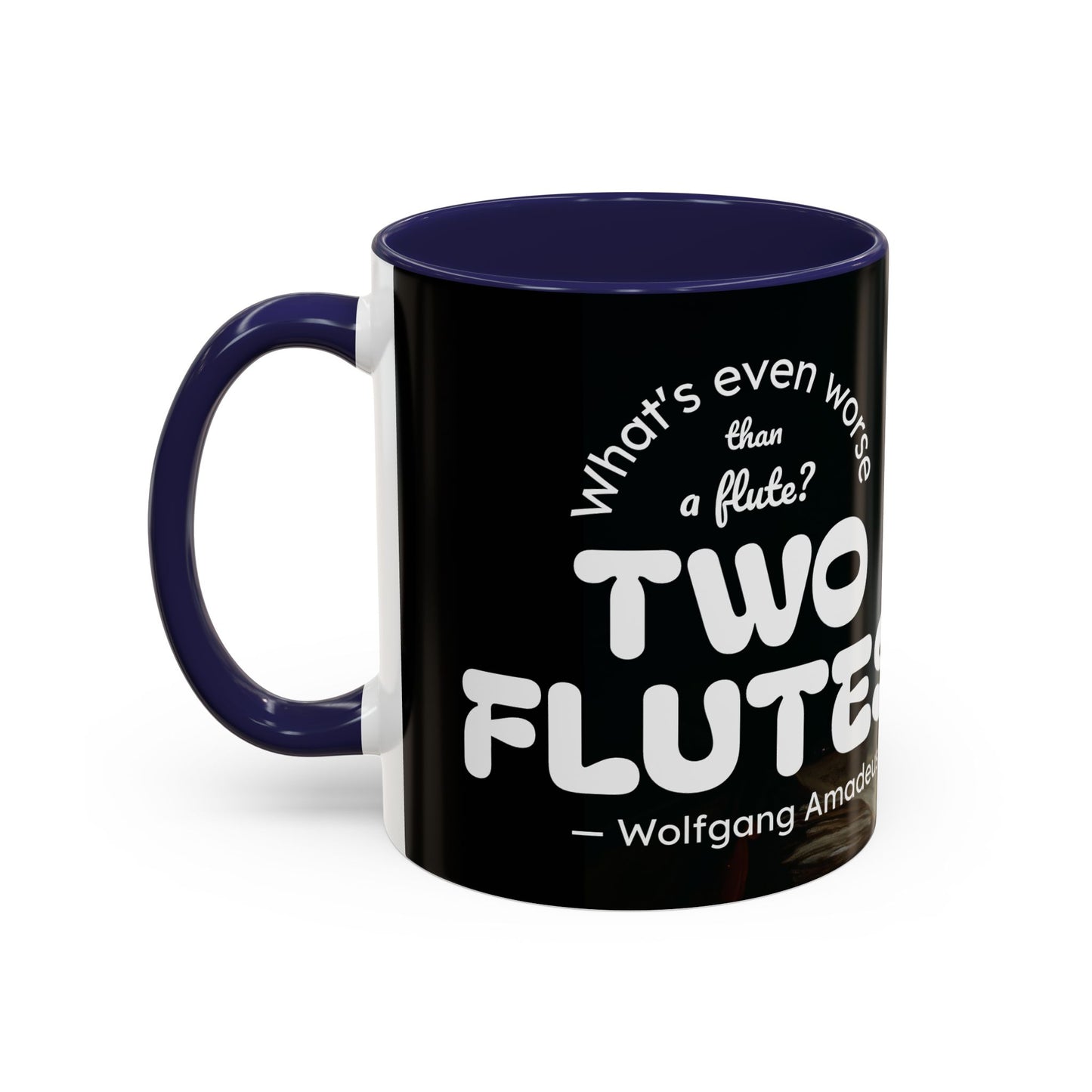 Two Flutes Mug in Black (EU) - Mozart Flute Quote Mug, Mozart Mug, Classical Music Mug, Funny Mozart Quote