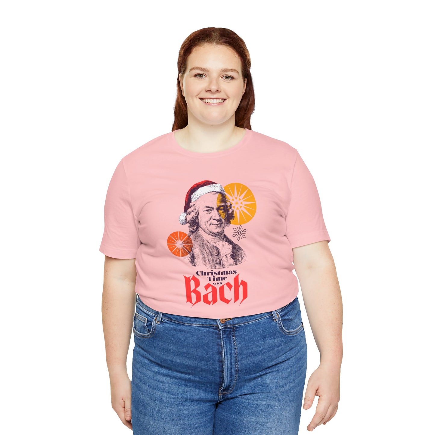 Christmas with Bach - Holiday T-Shirt, Santa Shirt, Bach with Santa Hat T-Shirt, Classical Music Christmas Shirt