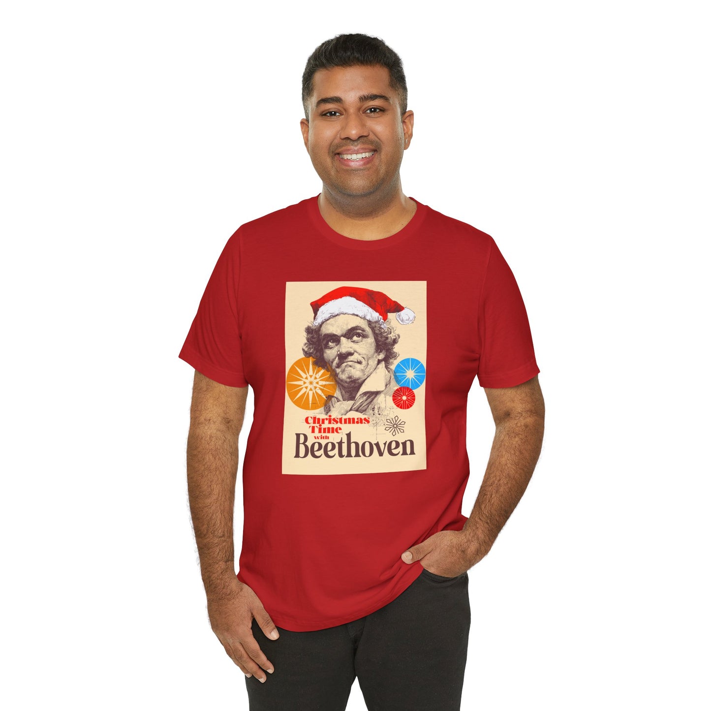 Christmas with Beethoven - Holiday T-Shirt, Santa Shirt, Beethoven with Santa Hat T-Shirt, Classical Music Christmas Shirt