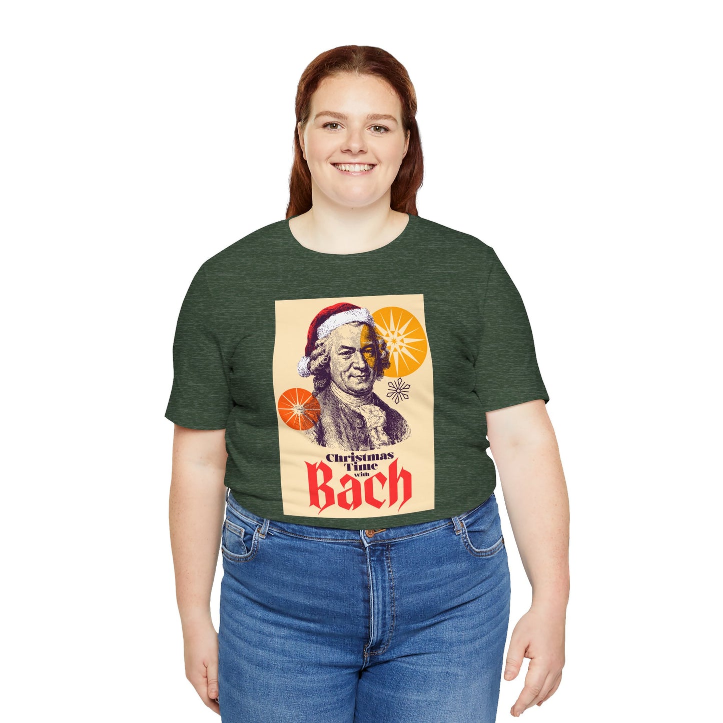 Christmas with Bach - Holiday T-Shirt, Santa Shirt, Bach with Santa Hat T-Shirt, Classical Music Christmas Shirt