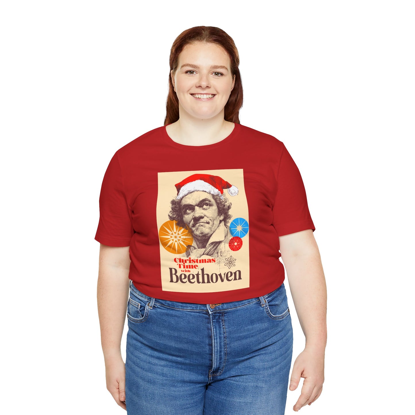 Christmas with Beethoven - Holiday T-Shirt, Santa Shirt, Beethoven with Santa Hat T-Shirt, Classical Music Christmas Shirt