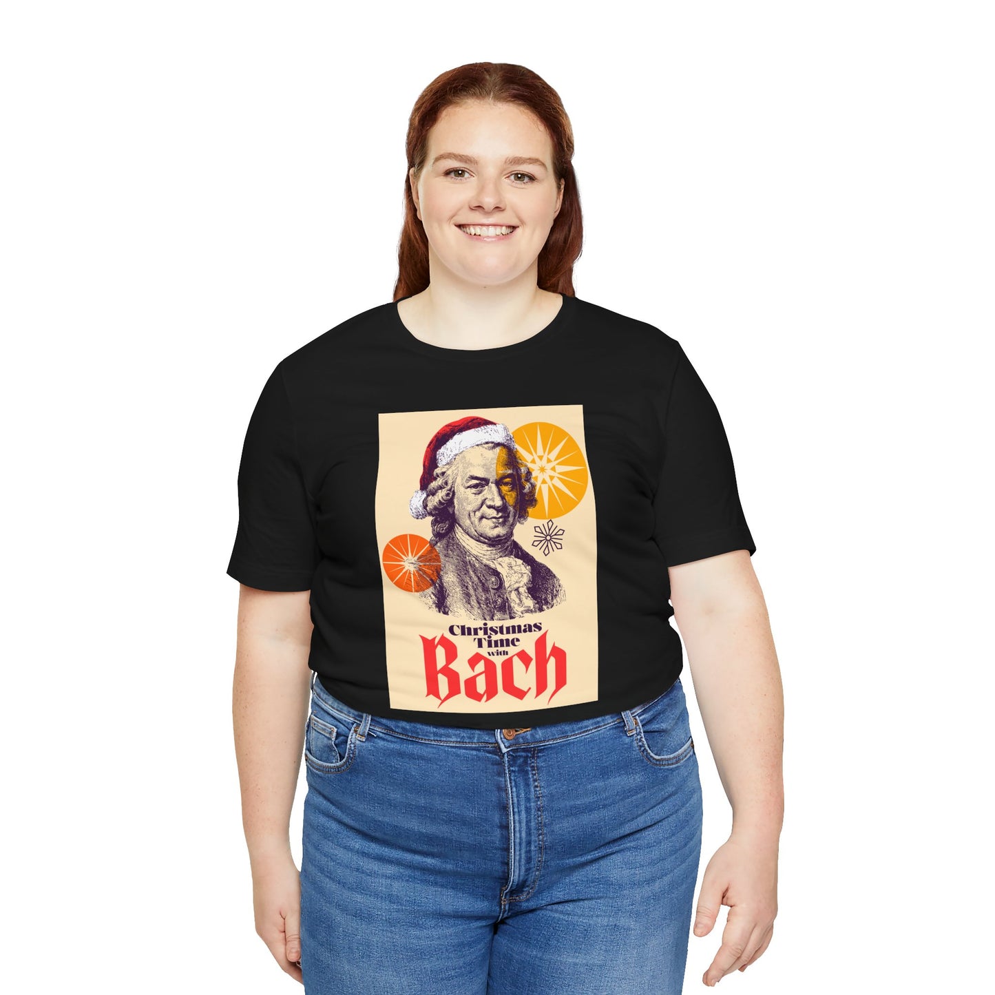 Christmas with Bach - Holiday T-Shirt, Santa Shirt, Bach with Santa Hat T-Shirt, Classical Music Christmas Shirt