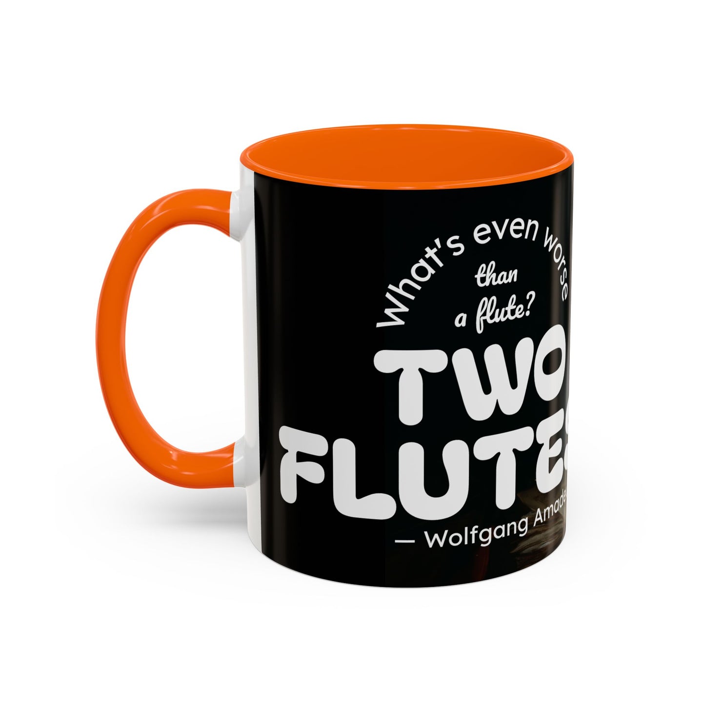 Two Flutes Mug in Black (USA) - Mozart Flute Quote Mug, Mozart Mug, Classical Music Mug, Funny Mozart Quote