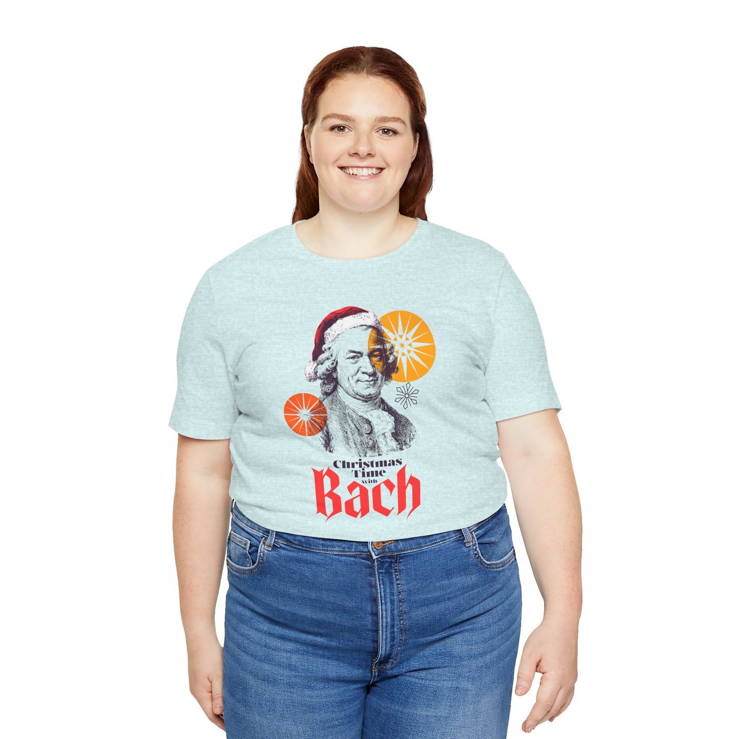 Christmas with Bach - Holiday T-Shirt, Santa Shirt, Bach with Santa Hat T-Shirt, Classical Music Christmas Shirt
