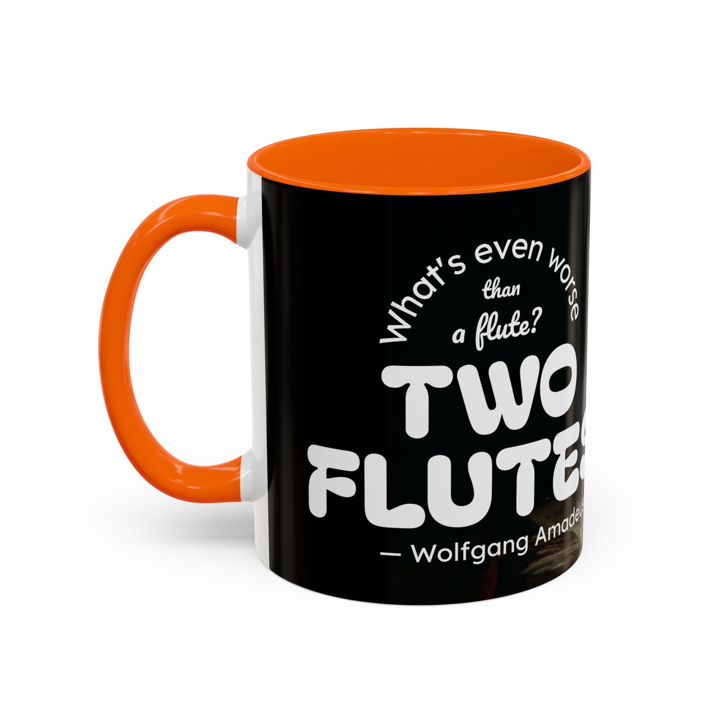 Two Flutes Mug in Black (EU) - Mozart Flute Quote Mug, Mozart Mug, Classical Music Mug, Funny Mozart Quote