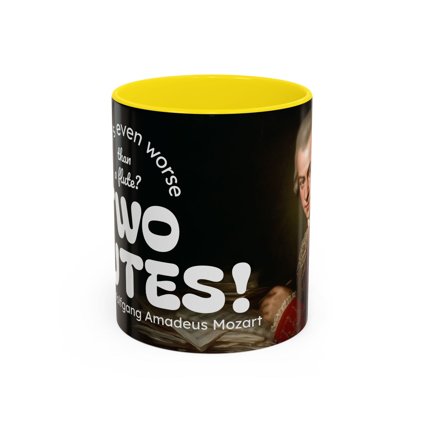 Two Flutes Mug in Black (USA) - Mozart Flute Quote Mug, Mozart Mug, Classical Music Mug, Funny Mozart Quote