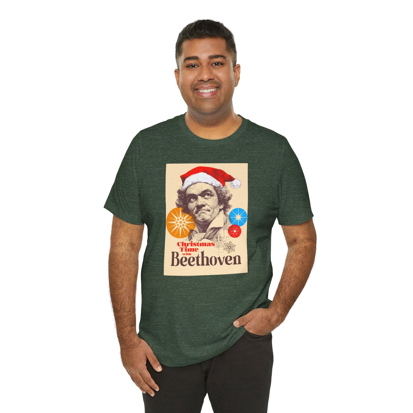 Christmas with Beethoven - Holiday T-Shirt, Santa Shirt, Beethoven with Santa Hat T-Shirt, Classical Music Christmas Shirt