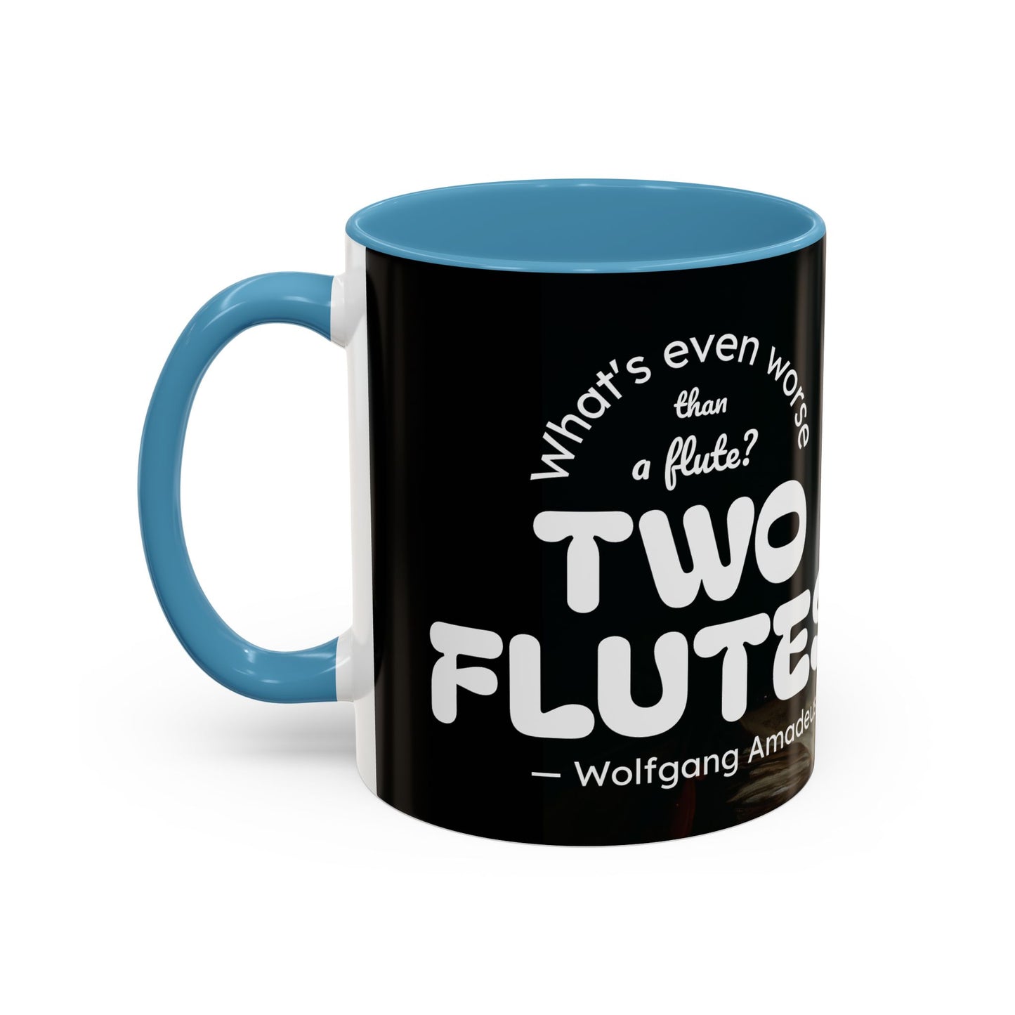 Two Flutes Mug in Black (EU) - Mozart Flute Quote Mug, Mozart Mug, Classical Music Mug, Funny Mozart Quote