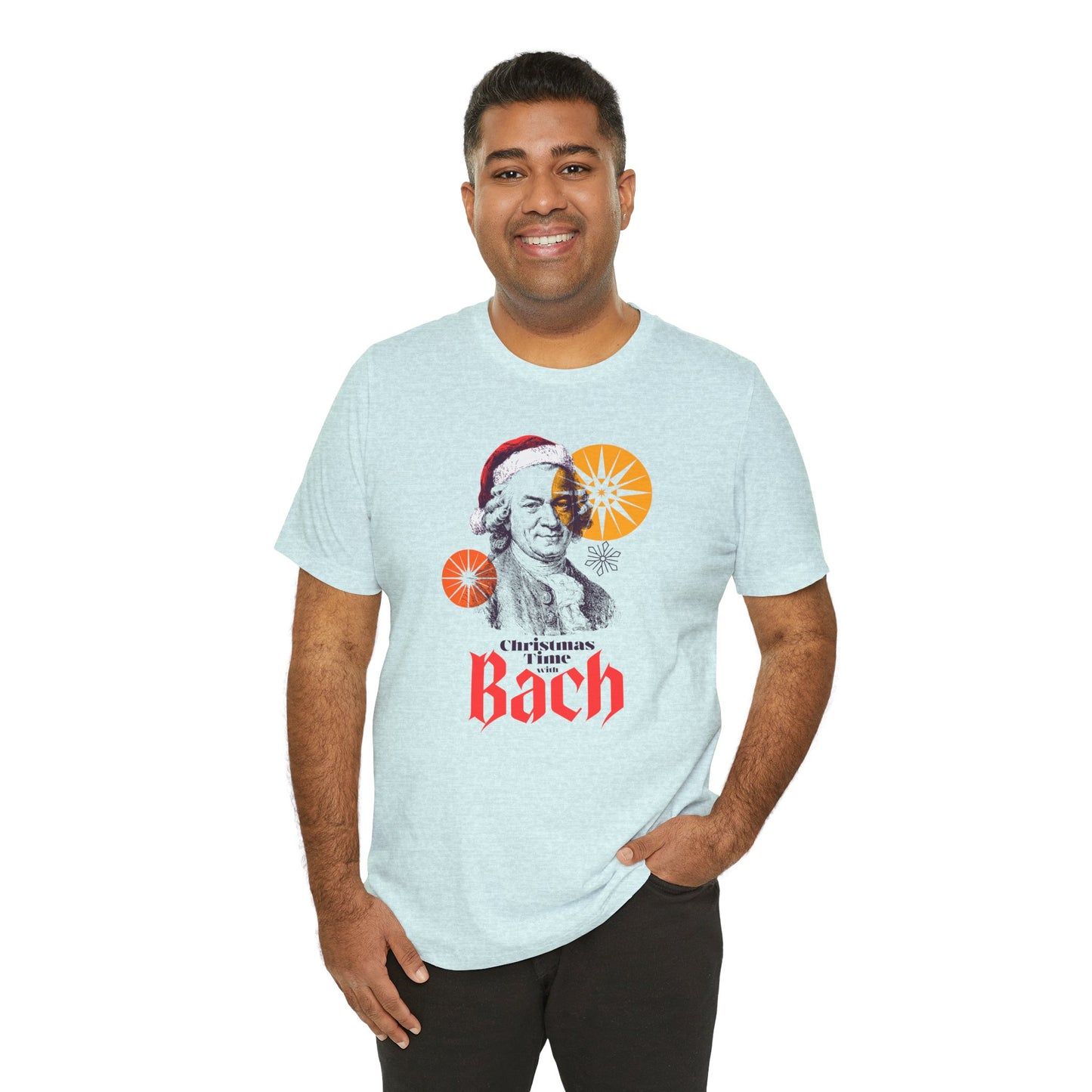 Christmas with Bach - Holiday T-Shirt, Santa Shirt, Bach with Santa Hat T-Shirt, Classical Music Christmas Shirt