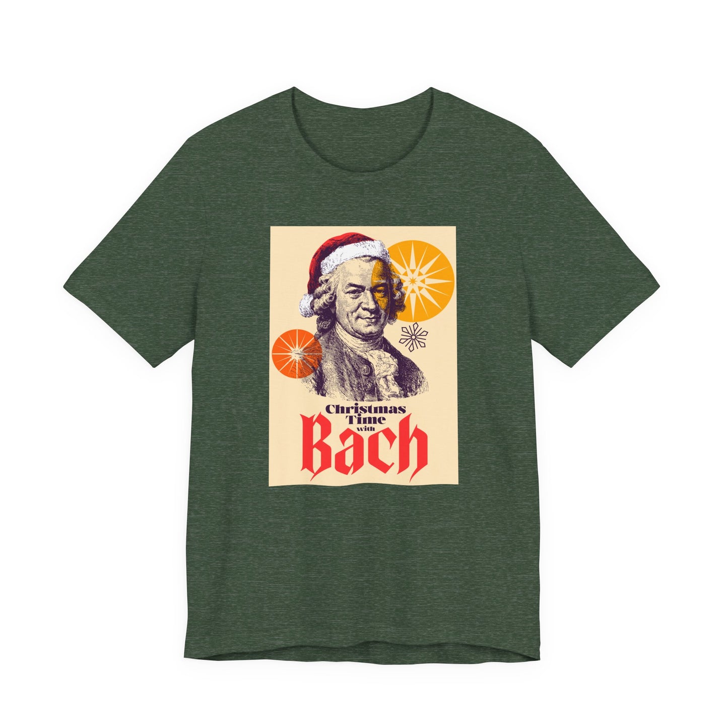 Christmas with Bach - Holiday T-Shirt, Santa Shirt, Bach with Santa Hat T-Shirt, Classical Music Christmas Shirt